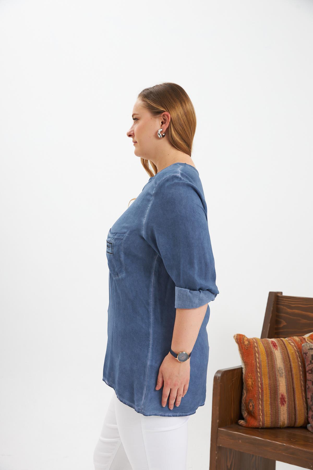 Blue Casual Plus Size Blouse With Grandad Neck - Brand: RMG - Women & Kids, Baby Clothes Wholesale - TheBS Women Blue Casual Plus Size Blouse With Grandad Neck - Brand: RMG - Women & Kids, Baby Clothes Wholesale - TheBS Women