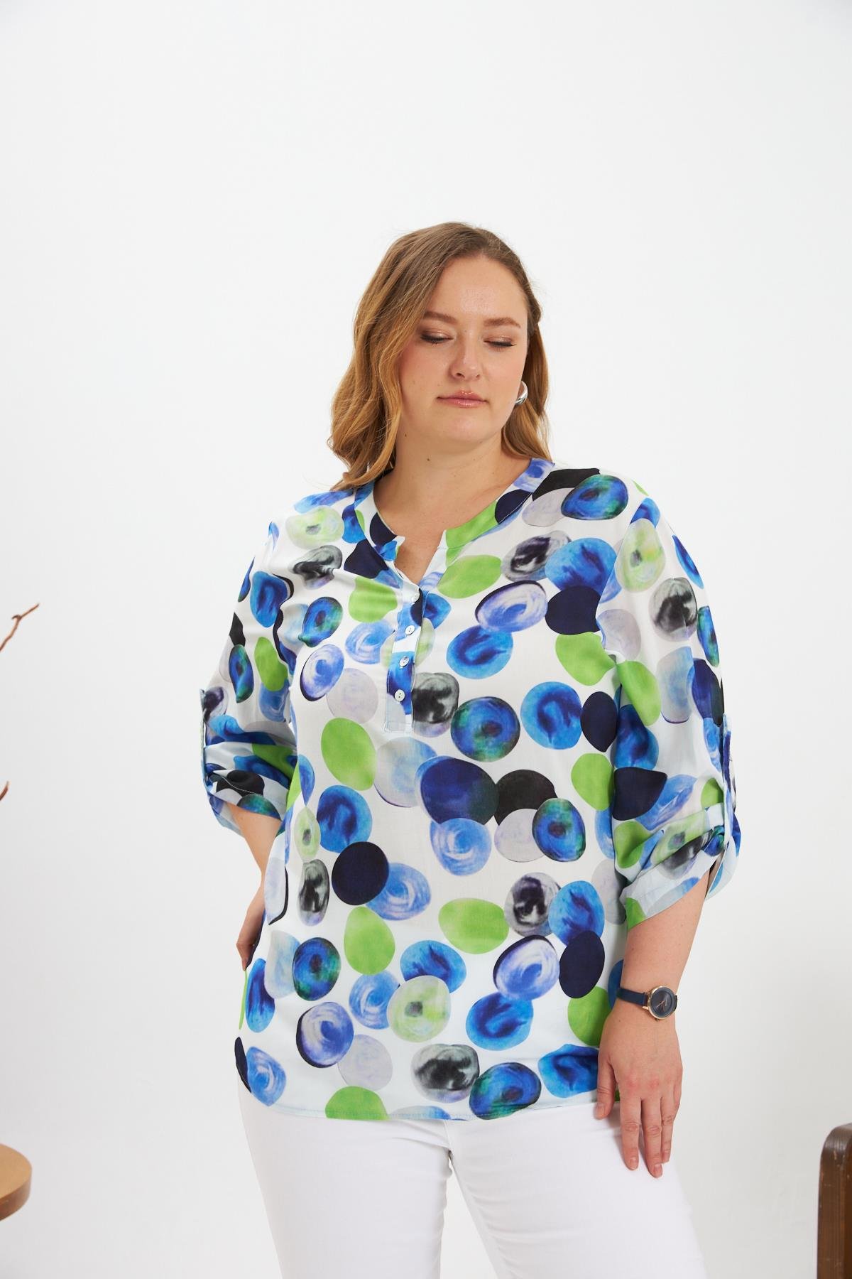 Blue Plus Size Polka Dot Blouse With 3/4 Sleeves - Brand: RMG - Women & Kids, Baby Clothes Wholesale - TheBS Women Blue Plus Size Polka Dot Blouse With 3/4 Sleeves - Brand: RMG - Women & Kids, Baby Clothes Wholesale - TheBS Women