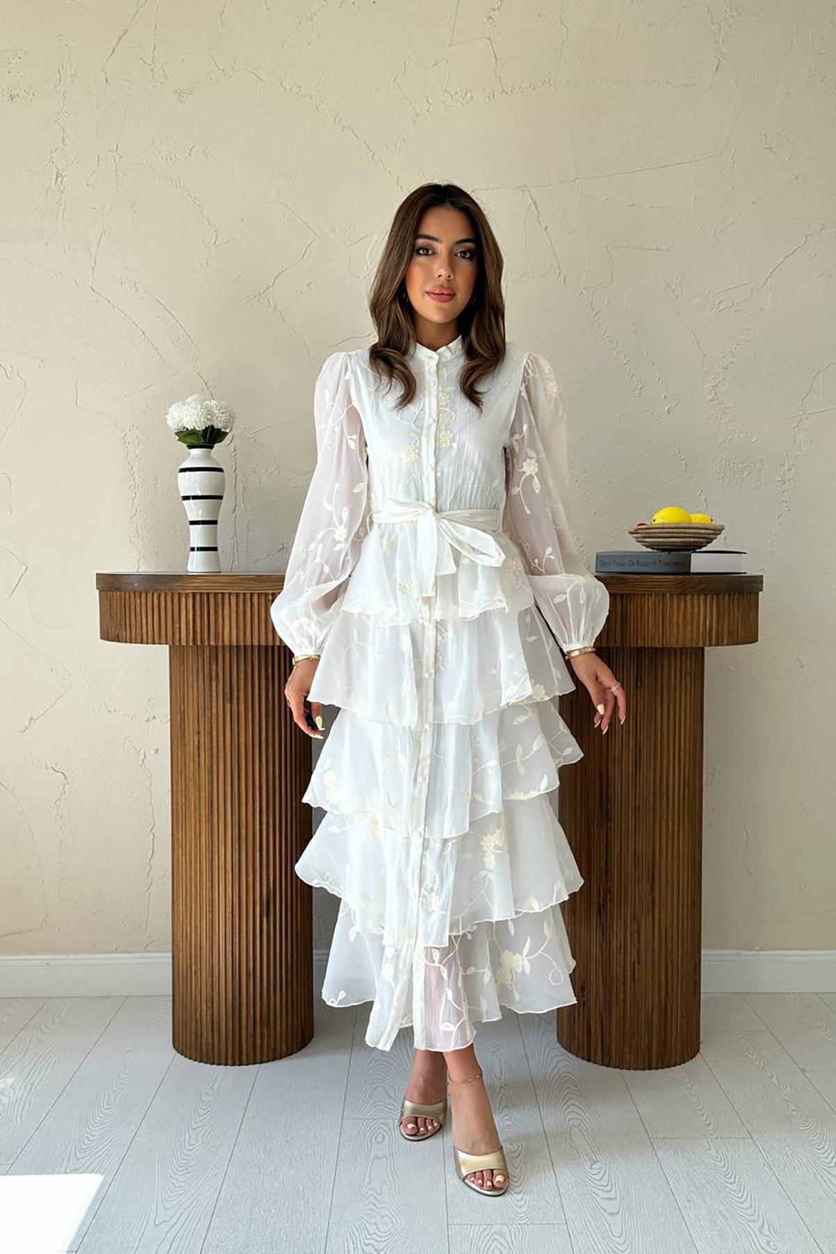 White Elegant Wrap Dress With Bishop Sleeves - Brand: Elisa - Women & Kids, Baby Clothes Wholesale - TheBS Women