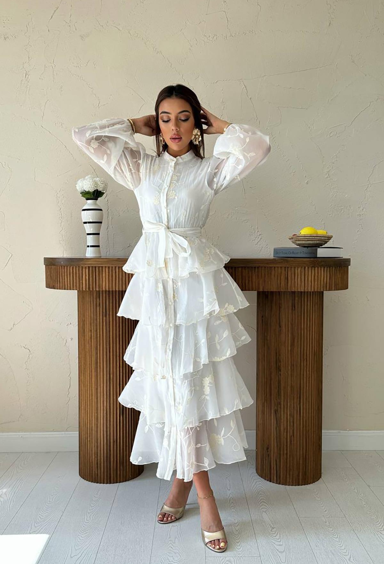 White Elegant Wrap Dress With Bishop Sleeves - Brand: Elisa - Women & Kids, Baby Clothes Wholesale - TheBS Women