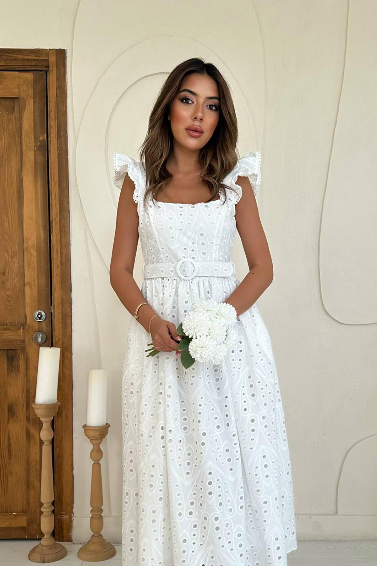 White Elegant A-Line Dress With Ruffle Sleeves – Brand: Elisa – Women & Kids, Baby Clothes Wholesale – TheBS Women