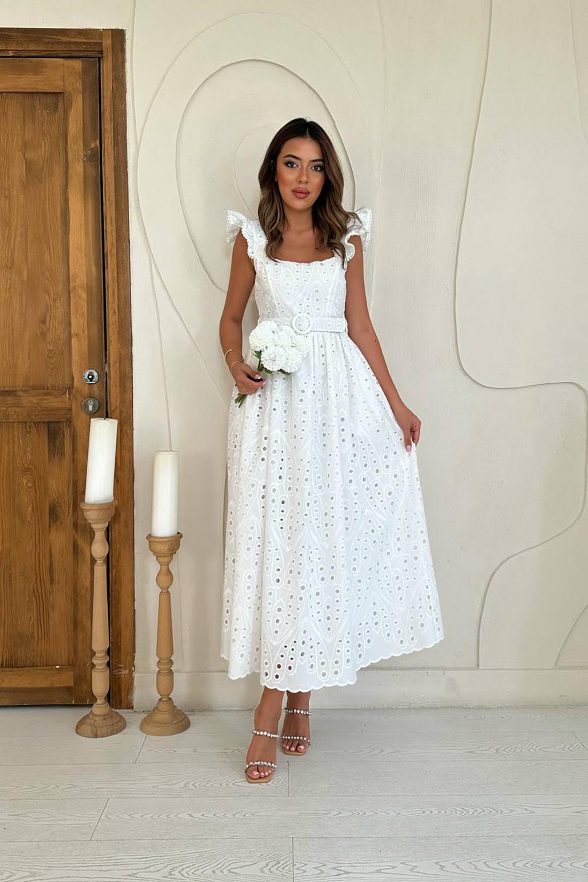 White Elegant A-Line Dress With Ruffle Sleeves – Brand: Elisa – Women & Kids, Baby Clothes Wholesale – TheBS Women