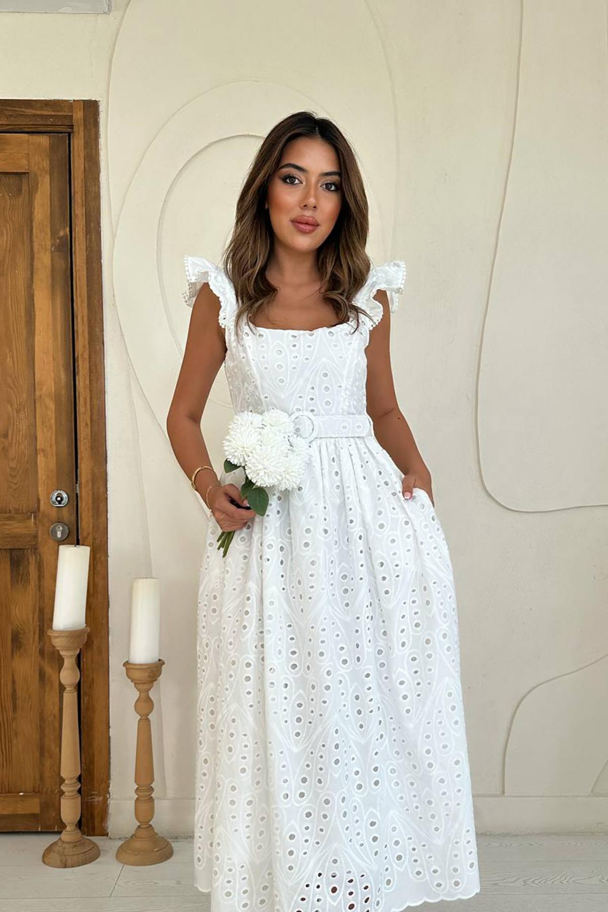 White Elegant A-Line Dress With Ruffle Sleeves – Brand: Elisa – Women & Kids, Baby Clothes Wholesale – TheBS Women