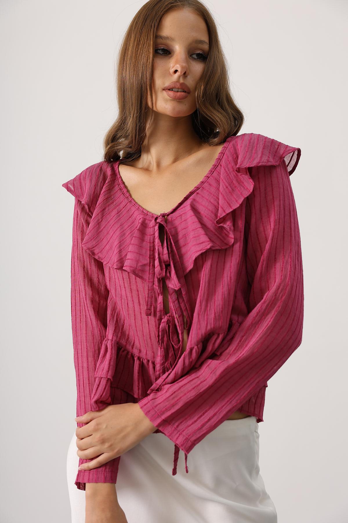 Fuchsia Striped V-Neck Blouse With Long Straight Sleeves - Brand: Reyon - Women & Kids, Baby Clothes Wholesale - TheBS Women Fuchsia Striped V-Neck Blouse With Long Straight Sleeves - Brand: Reyon - Women & Kids, Baby Clothes Wholesale - TheBS Women