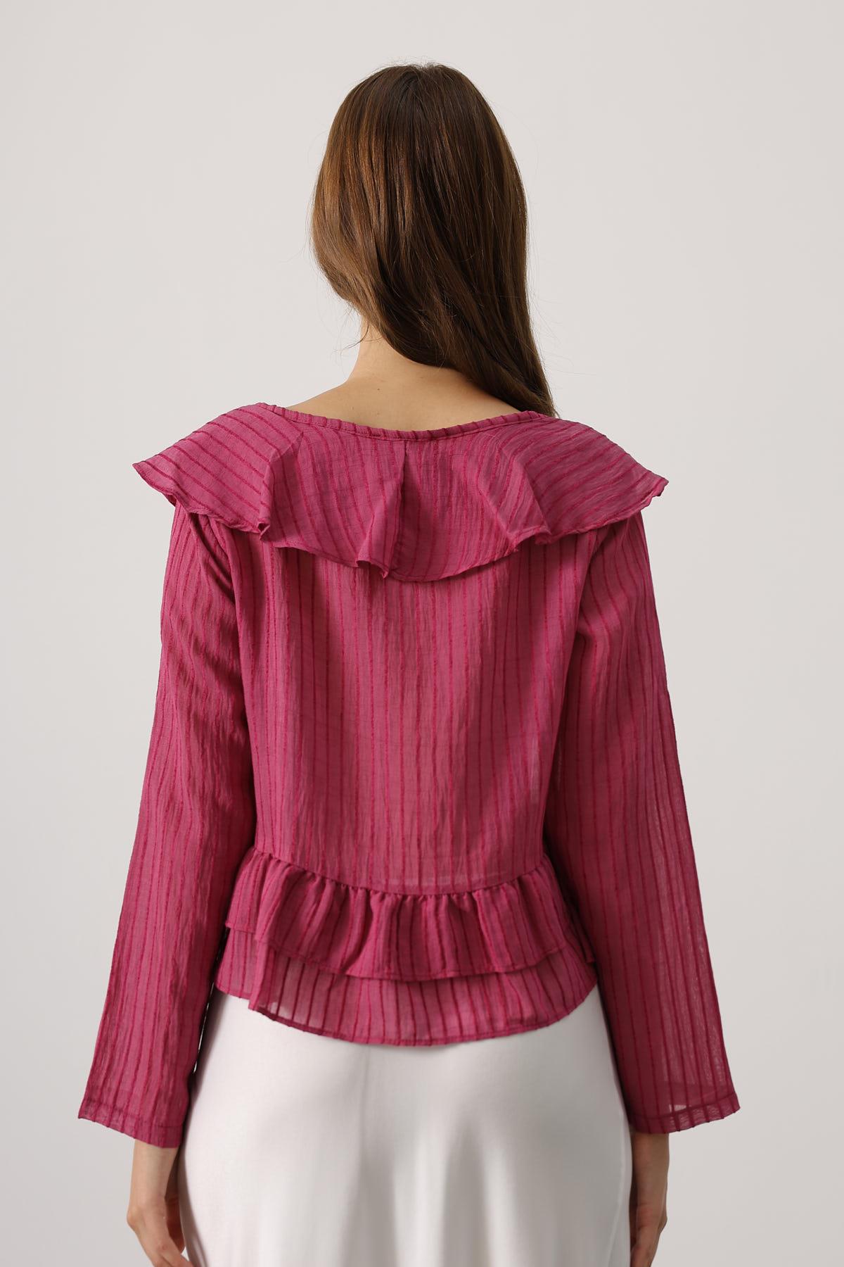 Fuchsia Striped V-Neck Blouse With Long Straight Sleeves - Brand: Reyon - Women & Kids, Baby Clothes Wholesale - TheBS Women Fuchsia Striped V-Neck Blouse With Long Straight Sleeves - Brand: Reyon - Women & Kids, Baby Clothes Wholesale - TheBS Women
