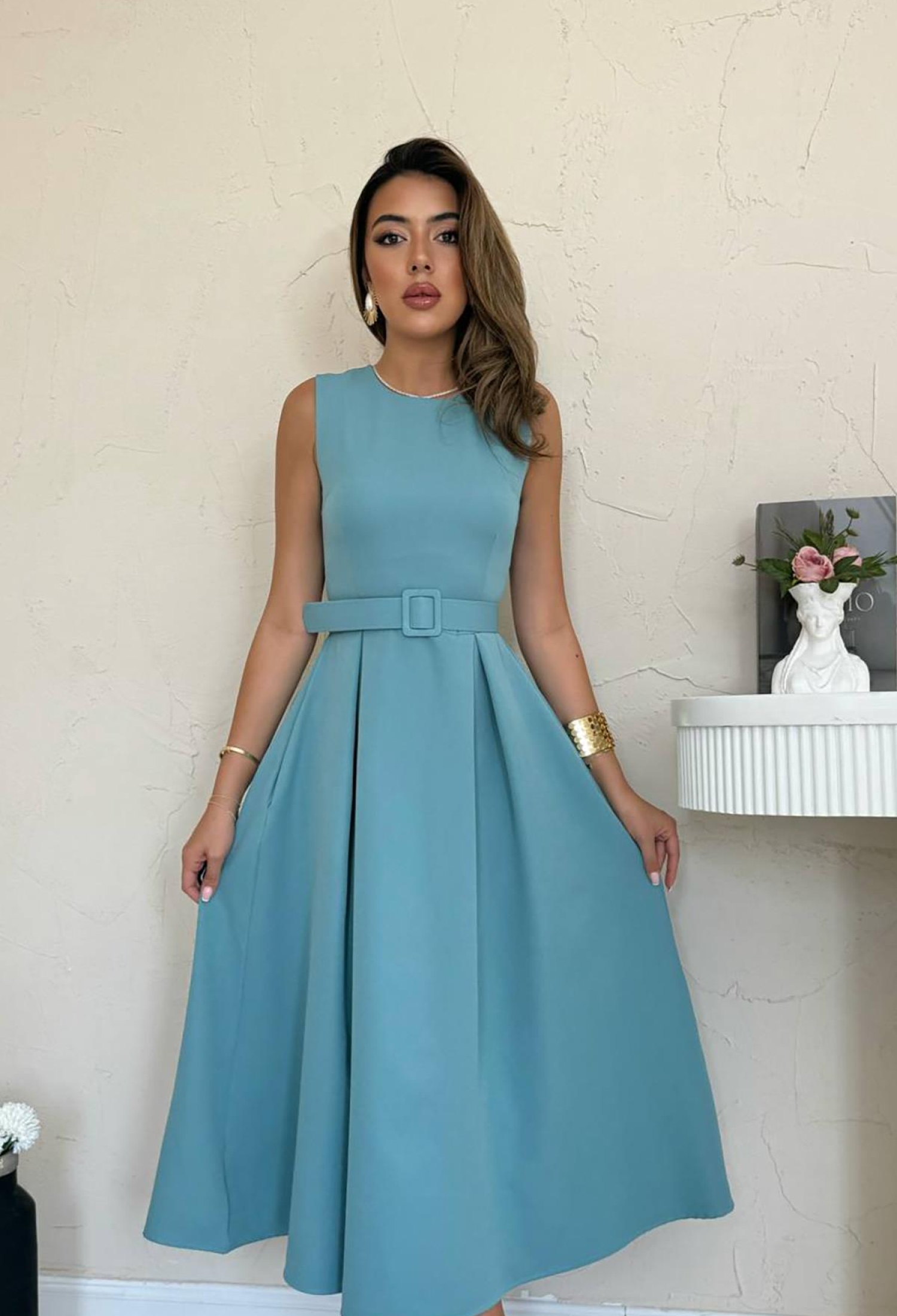 Elegant Blue A-Line Dress With Cap Sleeves - Brand: Elisa - Women & Kids, Baby Clothes Wholesale - TheBS Women