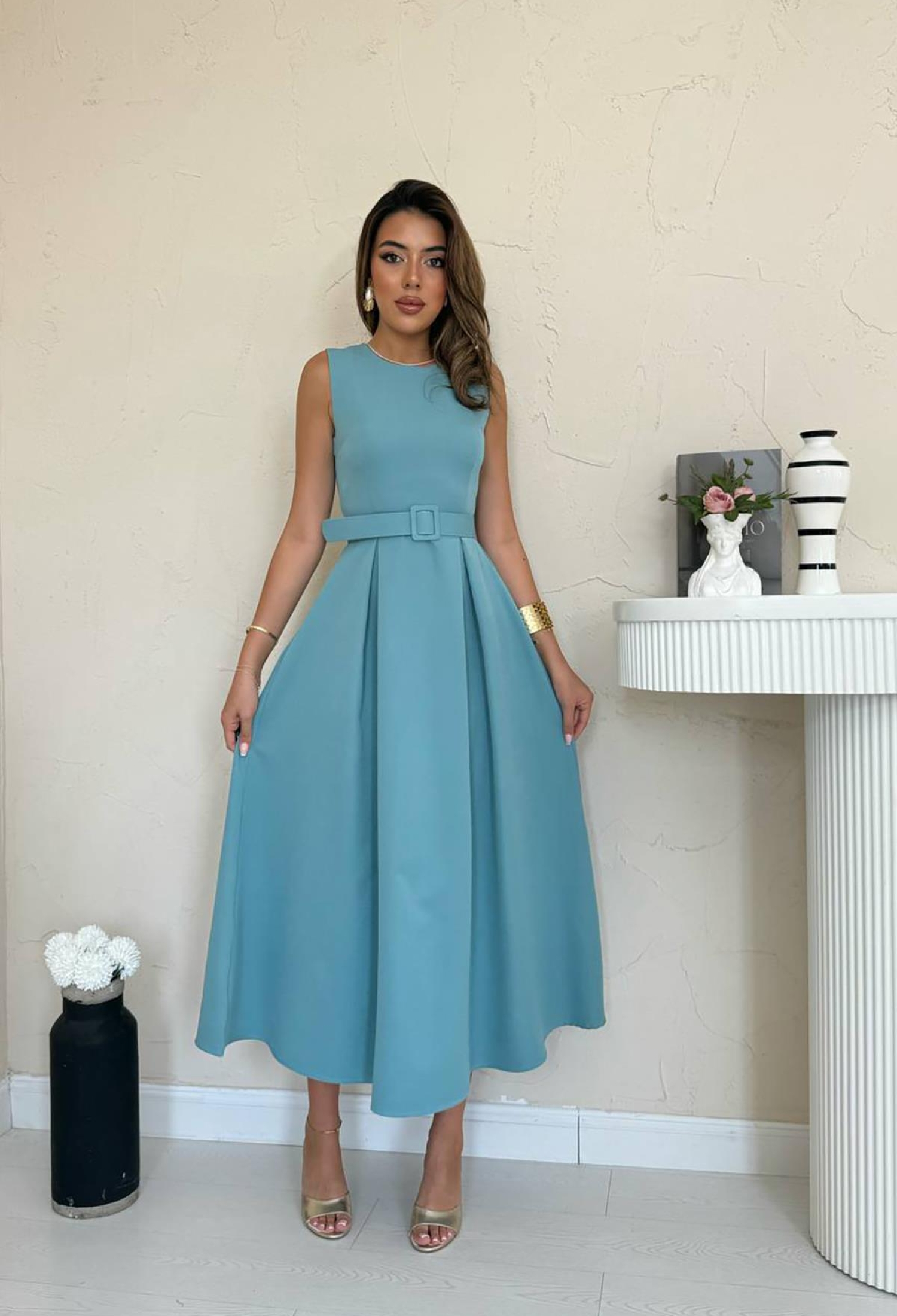 Elegant Blue A-Line Dress With Cap Sleeves - Brand: Elisa - Women & Kids, Baby Clothes Wholesale - TheBS Women