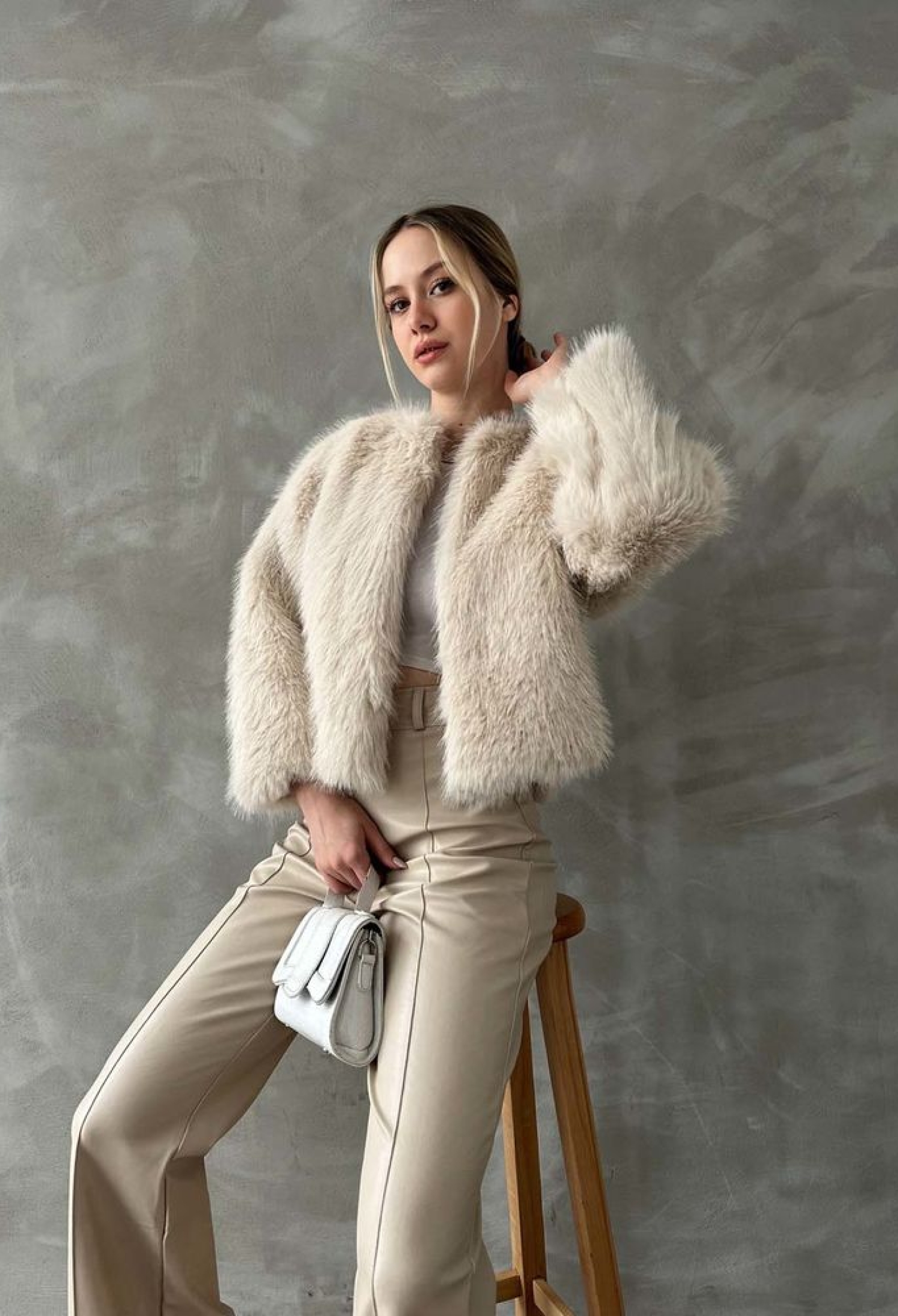Beige Elegant Fur Jacket With Round Collar - Brand: Topshow - Women & Kids, Baby Clothes Wholesale - TheBS Women