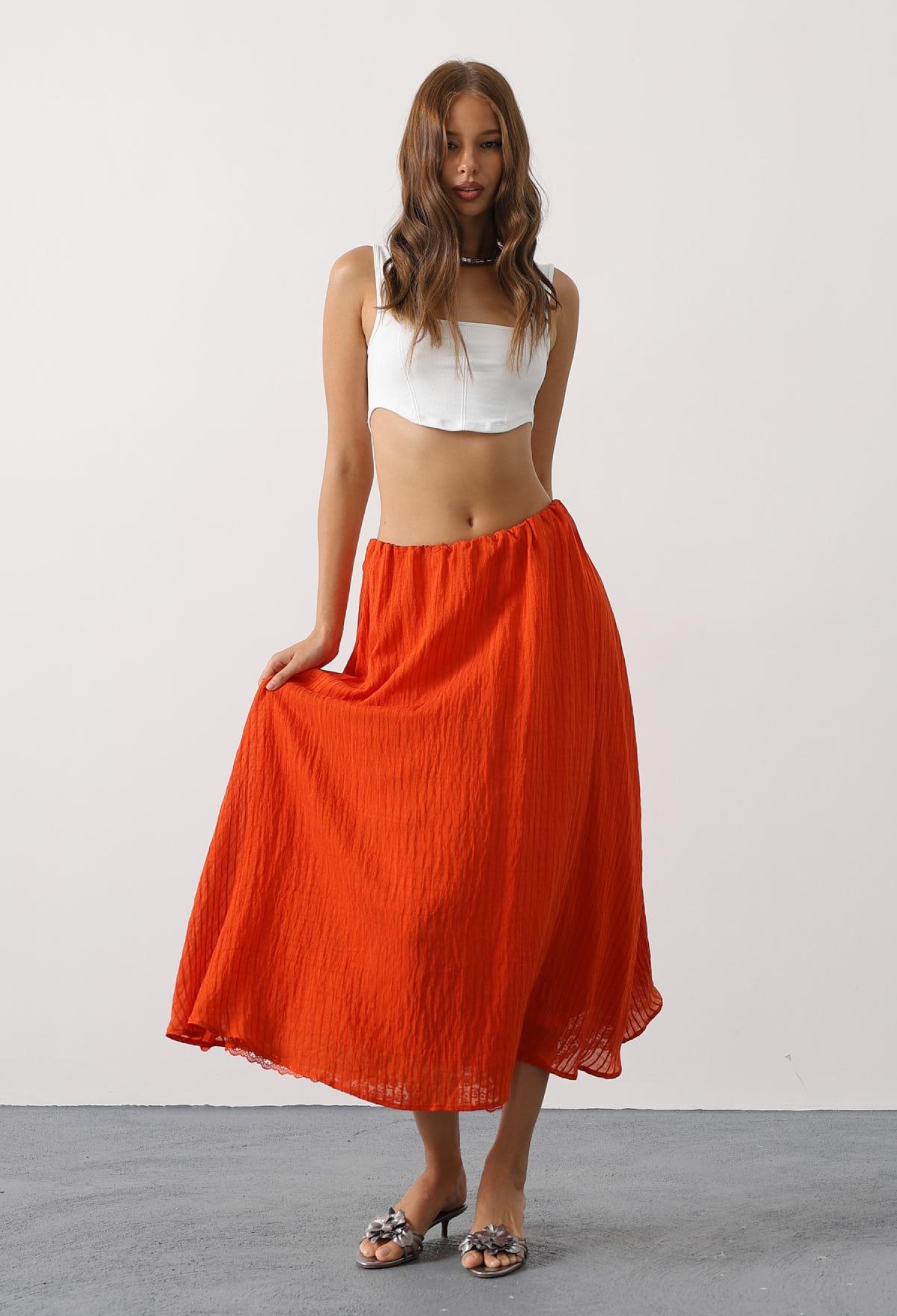 Orange Flared Maxi Skirt With Mid Waist - Brand: Reyon - Women & Kids, Baby Clothes Wholesale - TheBS Women