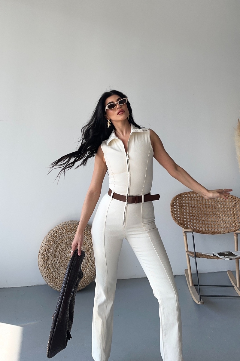 Beige Tailored Slim Fit Jumpsuit With Cap Sleeves - Brand: XLove - Women & Kids, Baby Clothes Wholesale - TheBS Women Beige Tailored Slim Fit Jumpsuit With Cap Sleeves - Brand: XLove - Women & Kids, Baby Clothes Wholesale - TheBS Women