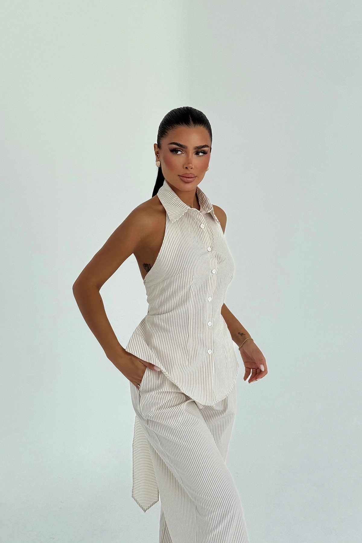 Elegant Striped Set With Halter Neck Palazzo – Brand: EYYO ATELIER – Women & Kids, Baby Clothes Wholesale – TheBS Women