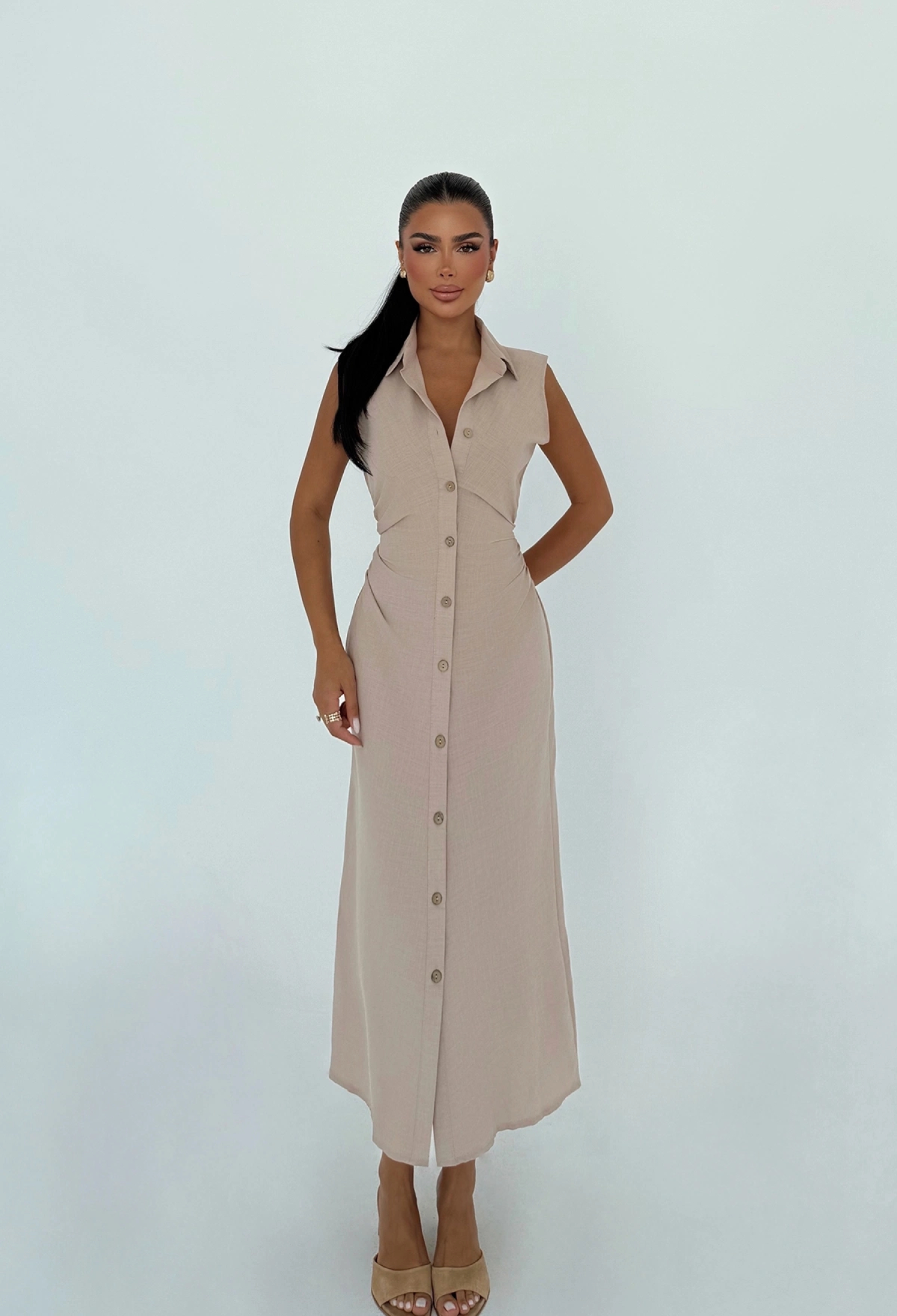 Shirt Dress With Notched Neck And Cap Sleeves - Brand: EYYO ATELIER - Women & Kids, Baby Clothes Wholesale - TheBS Women