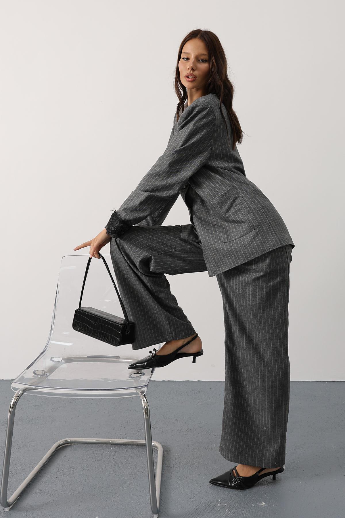 Grey Palazzo Pants With Wide Leg And Buttoned Closure - Brand: Reyon - Women & Kids, Baby Clothes Wholesale - TheBS Women Grey Palazzo Pants With Wide Leg And Buttoned Closure - Brand: Reyon - Women & Kids, Baby Clothes Wholesale - TheBS Women