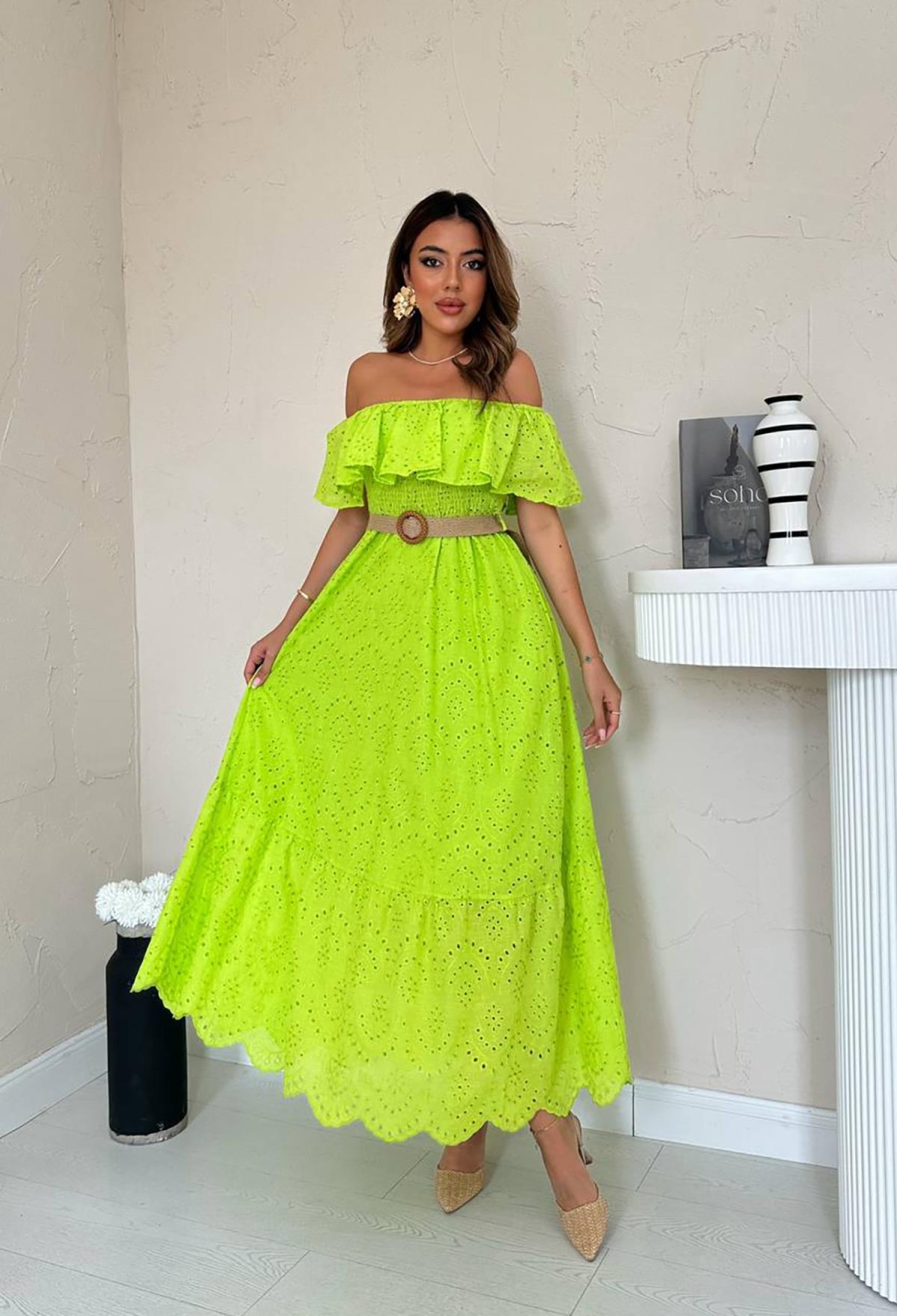 Embroidery Dress With Elastic Shoulders - Oil Green - Brand: Elisa - Women & Kids, Baby Clothes Wholesale - TheBS Women