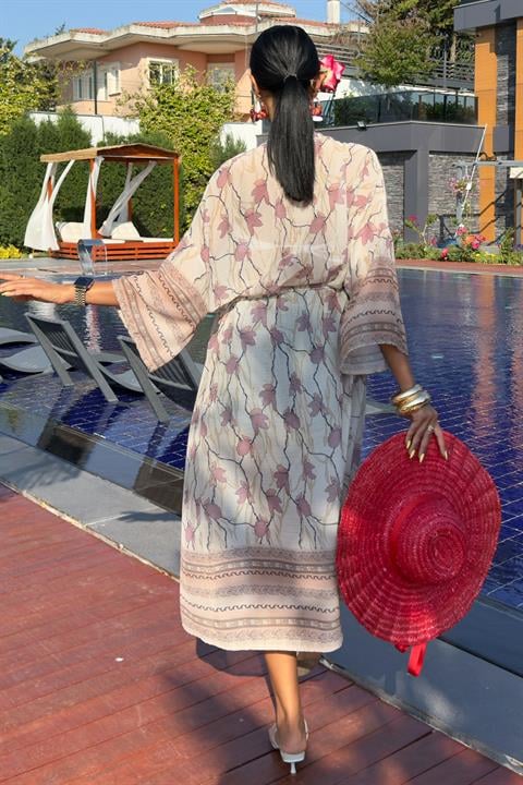 Tassel Detailed Kimono With Water Pipes On Sleeves And Skirt – Ecru & Dusty Rose – Brand: Sobe Istanbul – Women & Kids, Baby Clothes Wholesale – TheBS Women