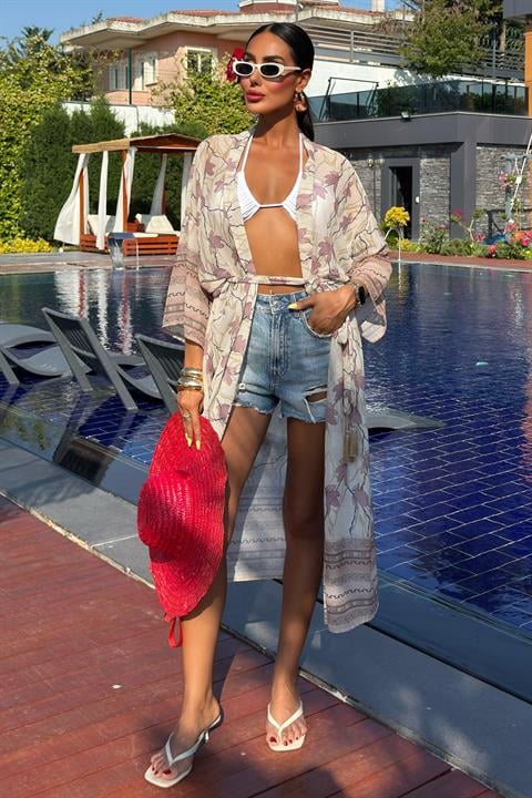 Tassel Detailed Kimono With Water Pipes On Sleeves And Skirt – Ecru & Dusty Rose – Brand: Sobe Istanbul – Women & Kids, Baby Clothes Wholesale – TheBS Women