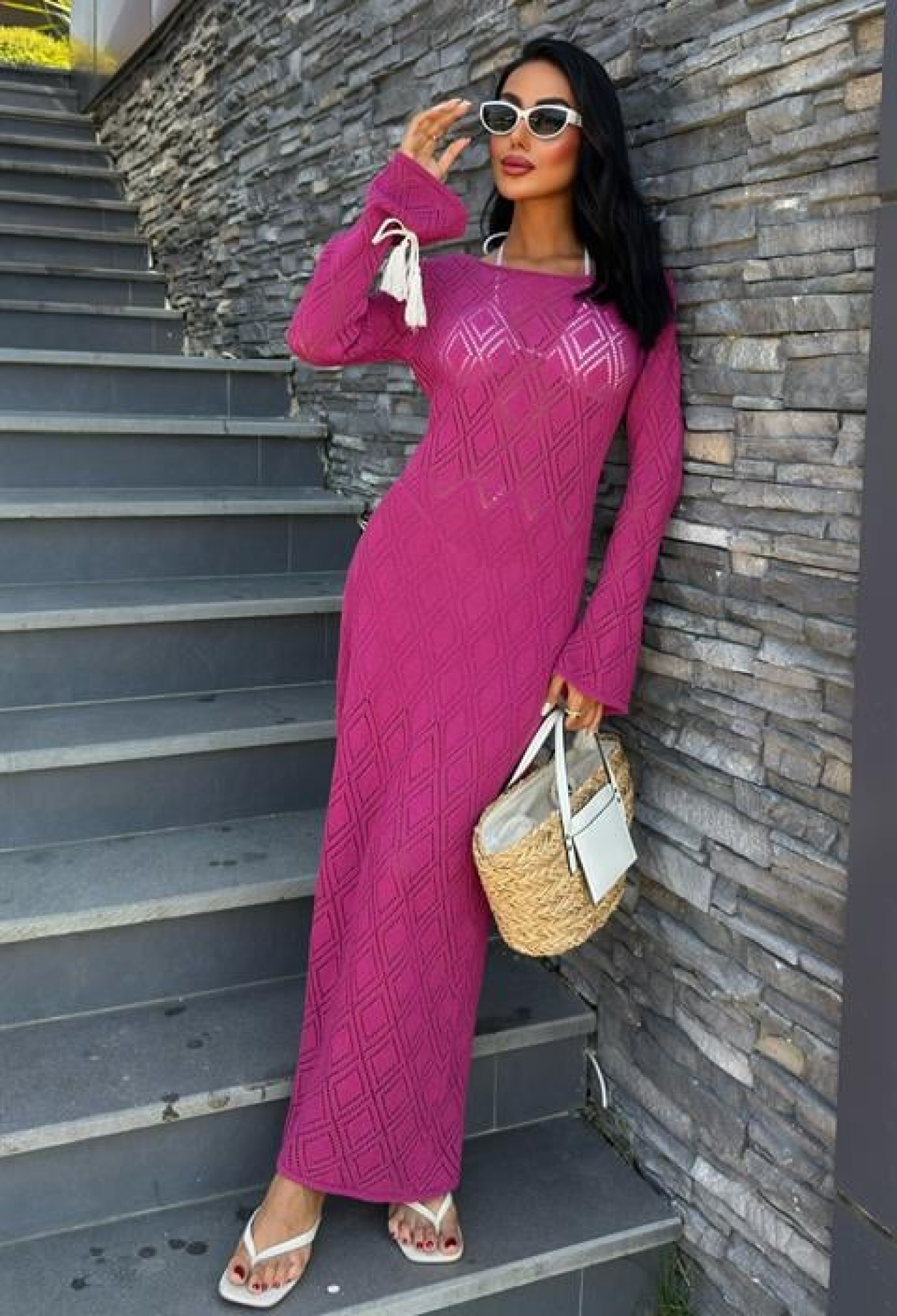 Tassel Lace Detailed V Neck Openwork Dress - Purple - Brand: Sobe Istanbul - Women & Kids, Baby Clothes Wholesale - TheBS Women