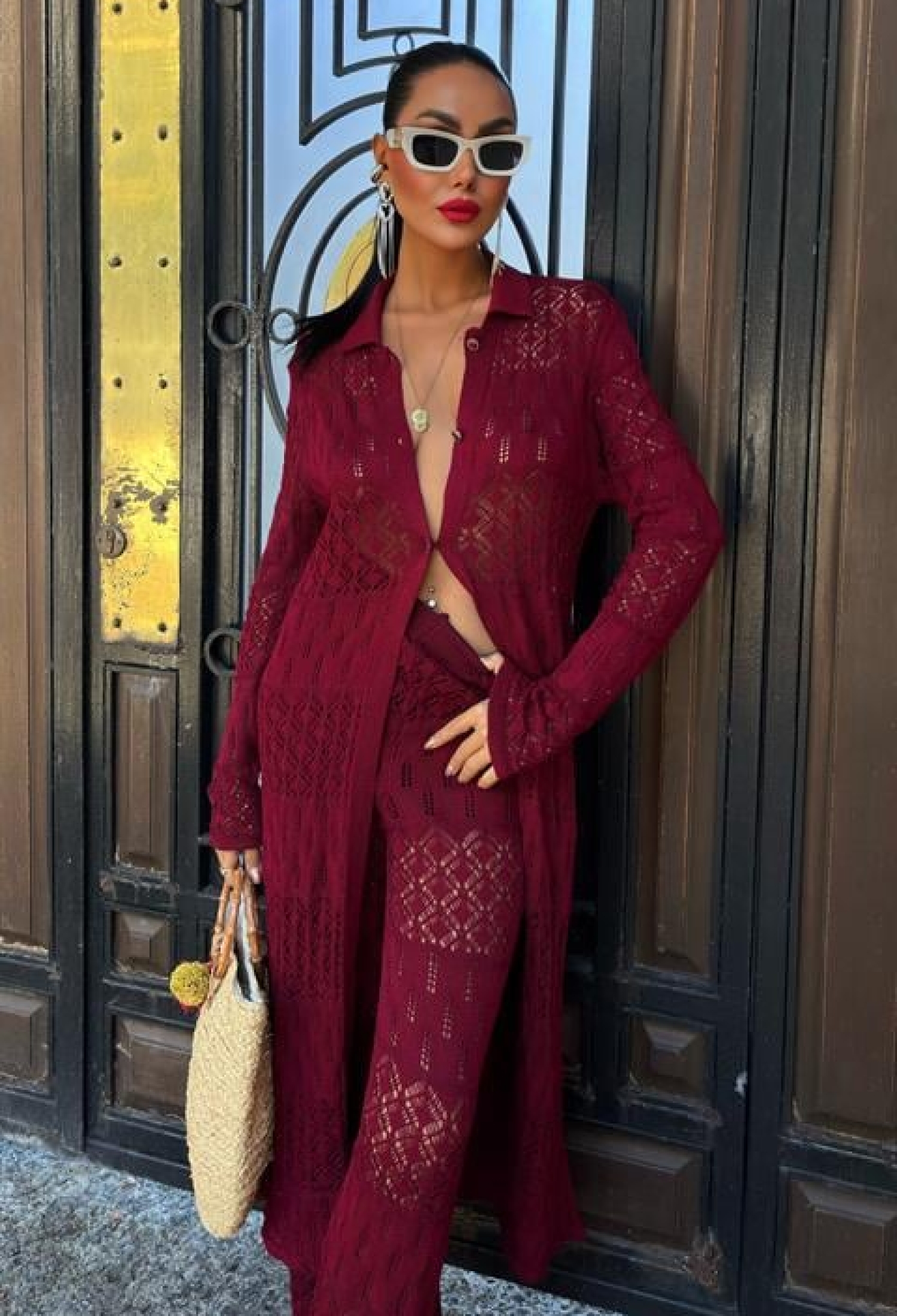 Bridget Openwork Long Cardigan Set - Burgundy - Brand: Sobe Istanbul - Women & Kids, Baby Clothes Wholesale - TheBS Women
