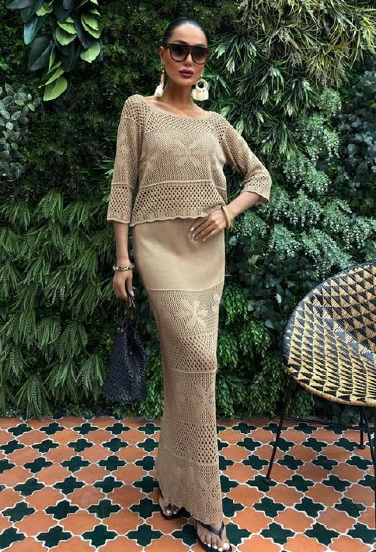 Boat Neck Half Sleeve Openwork Knitwear Suit - Milk Brown - Brand: Sobe Istanbul - Women & Kids, Baby Clothes Wholesale - TheBS Women