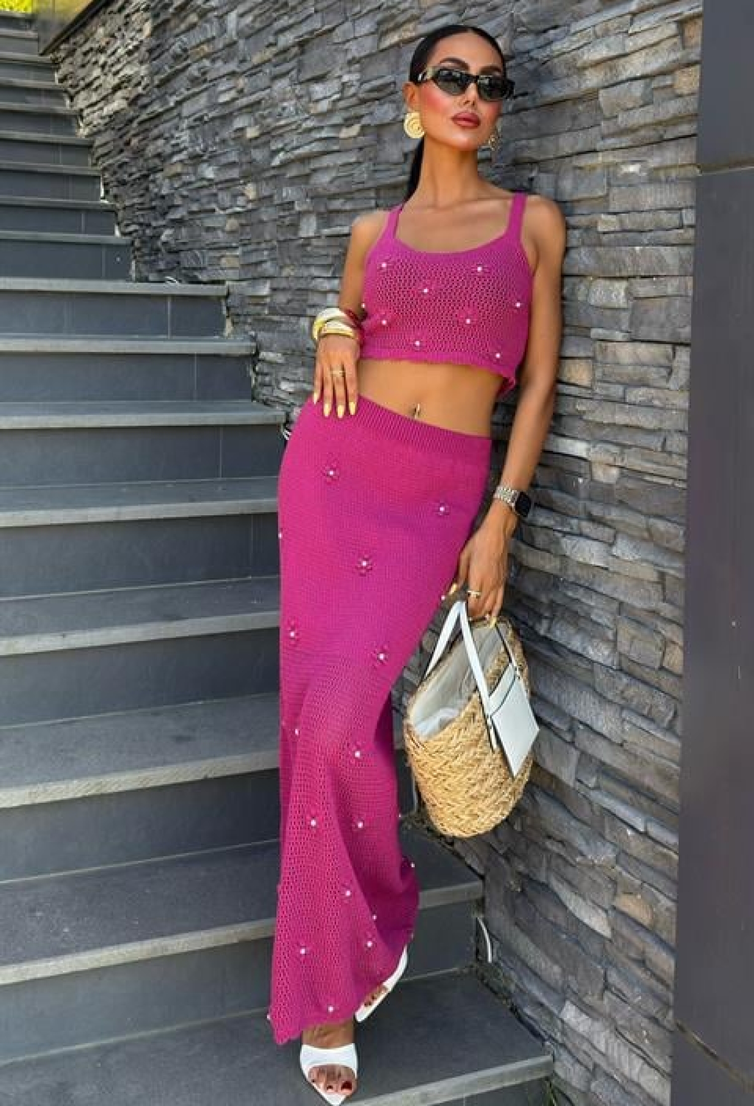 Pearl And Flower Detailed Bustier Knitwear Set - Mürdüm - Brand: Sobe Istanbul - Women & Kids, Baby Clothes Wholesale - TheBS Women