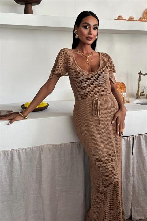 Knitwear Dress With Deep Neckline And Mesh Detail - Brand: Sobe Istanbul - Women & Kids, Baby Clothes Wholesale - TheBS Women Knitwear Dress With Deep Neckline And Mesh Detail - Brand: Sobe Istanbul - Women & Kids, Baby Clothes Wholesale - TheBS Women