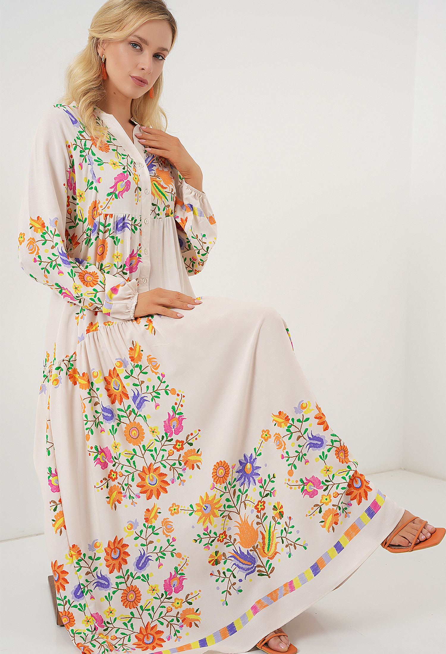 White Ethnic Floral Floor Length Smock Dress - Brand: Bigdart - Women & Kids, Baby Clothes Wholesale - TheBS Women