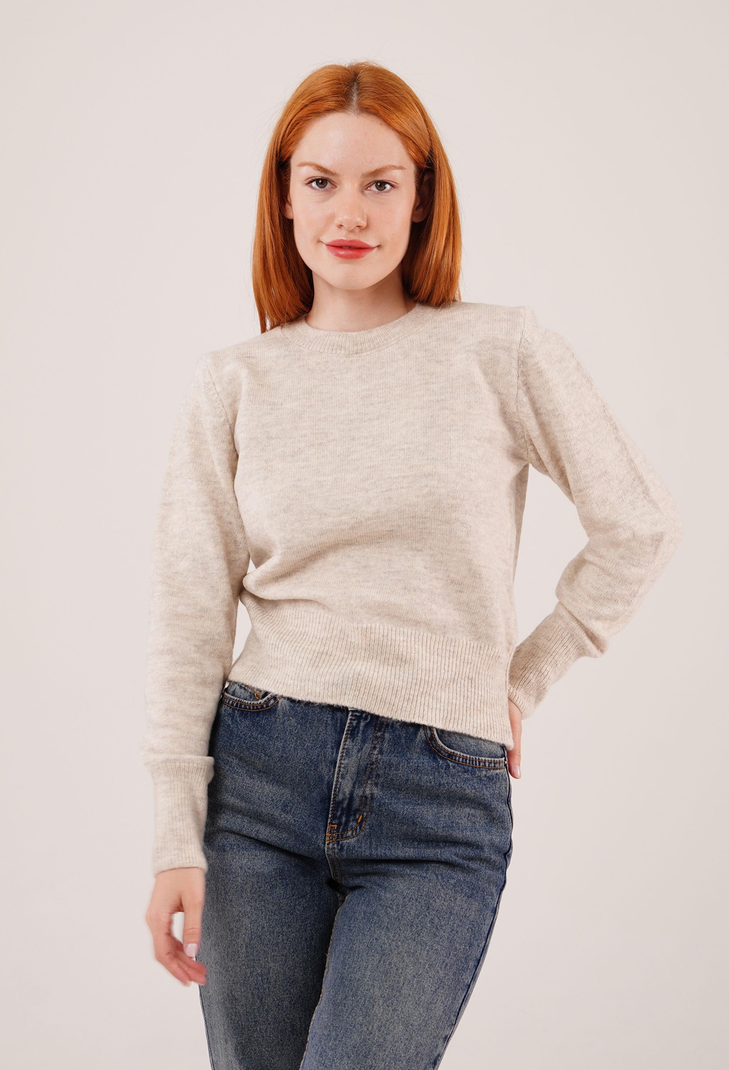 Beige Casual Sweater With Round Neck And Long Sleeves - Brand: Lustrin - Women & Kids, Baby Clothes Wholesale - TheBS Women