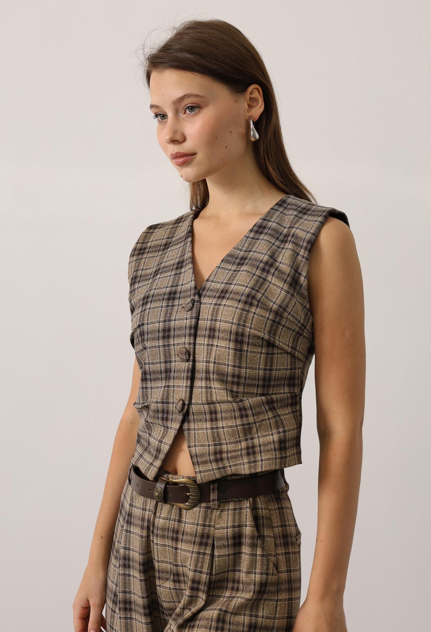 Beige Vintage Plaid Buttoned Vest - Brand: Reyon - Women & Kids, Baby Clothes Wholesale - TheBS Women