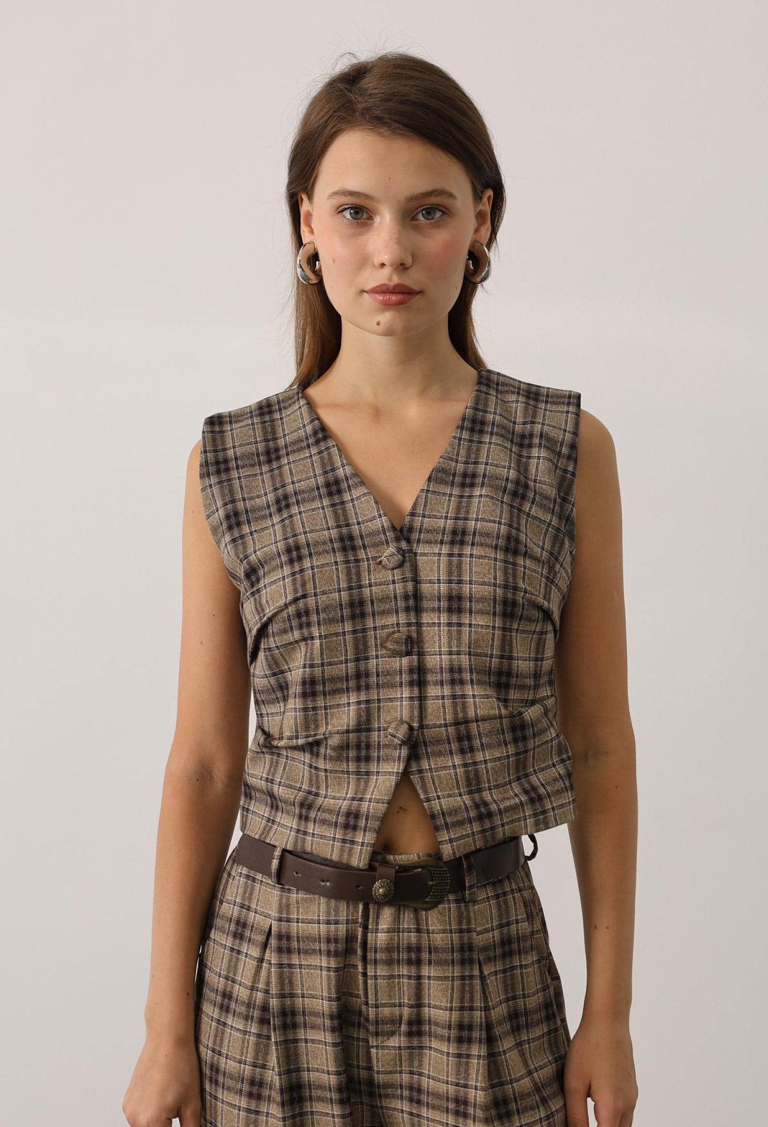 Beige Vintage Plaid Buttoned Vest - Brand: Reyon - Women & Kids, Baby Clothes Wholesale - TheBS Women