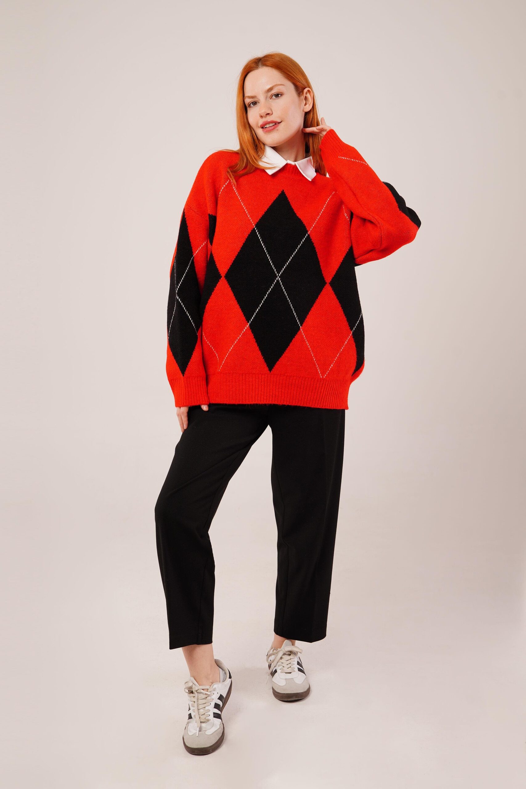 Red Argyle Oversized Fit Sweater - Brand: Lustrin - Women & Kids, Baby Clothes Wholesale - TheBS Women Red Argyle Oversized Fit Sweater - Brand: Lustrin - Women & Kids, Baby Clothes Wholesale - TheBS Women