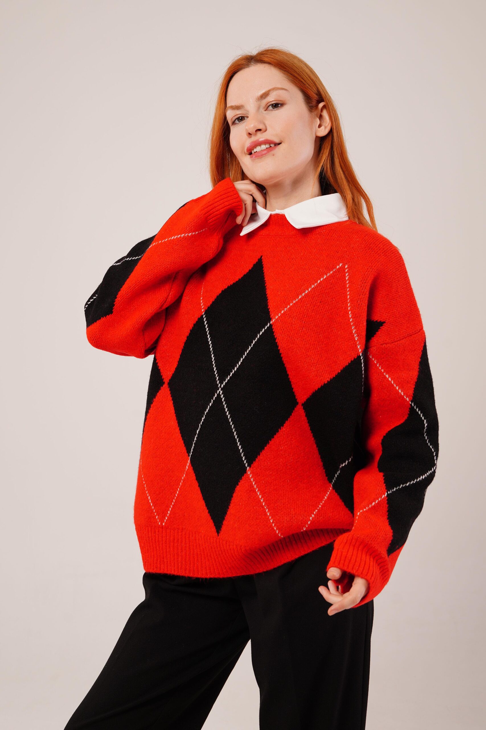 Red Argyle Oversized Fit Sweater - Brand: Lustrin - Women & Kids, Baby Clothes Wholesale - TheBS Women Red Argyle Oversized Fit Sweater - Brand: Lustrin - Women & Kids, Baby Clothes Wholesale - TheBS Women