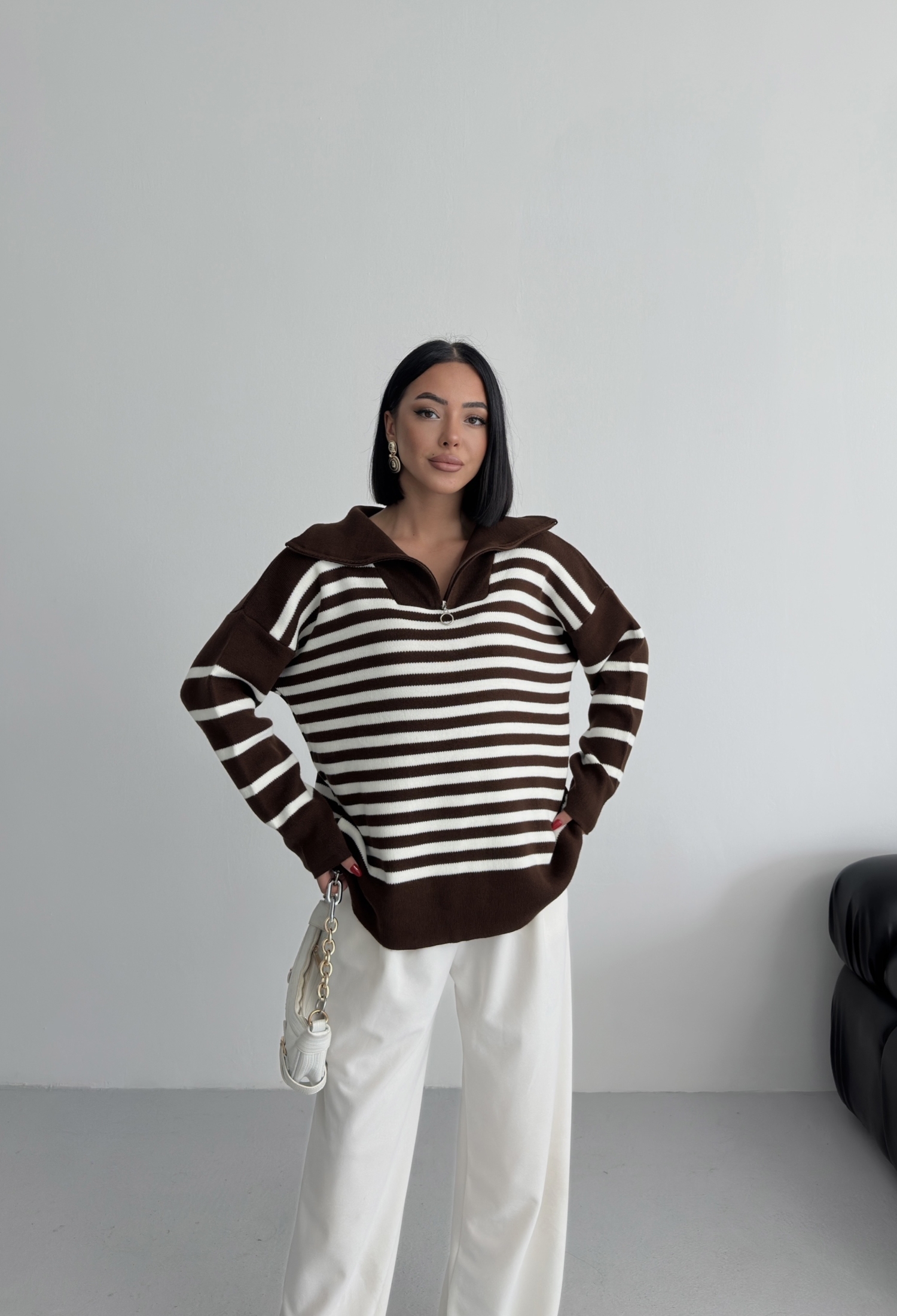 Oversized Striped Sweater With Notched Neck - Brand: My Fashion - Women & Kids, Baby Clothes Wholesale - TheBS Women