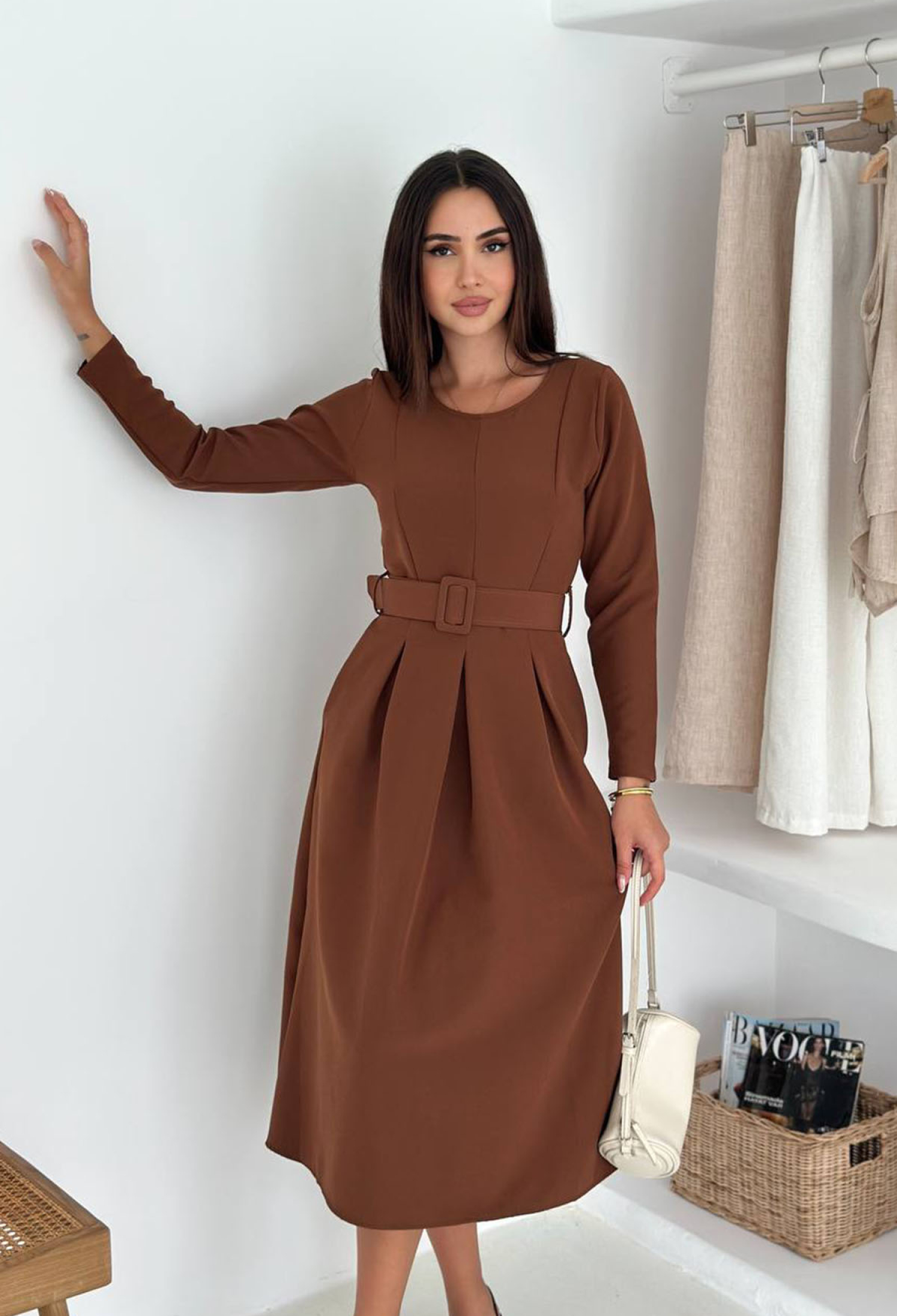 Elegant Brown A-Line Midi Dress With Long Sleeves - Brand: Mode Roy - Women & Kids, Baby Clothes Wholesale - TheBS Women
