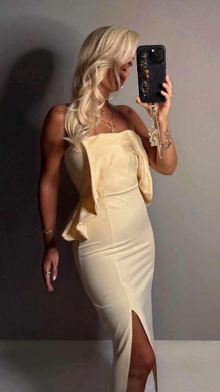 Beige Strapless Bodycon Midi Dress - Brand: My Jest Fashion - Women & Kids, Baby Clothes Wholesale - TheBS Women Beige Strapless Bodycon Midi Dress - Brand: My Jest Fashion - Women & Kids, Baby Clothes Wholesale - TheBS Women