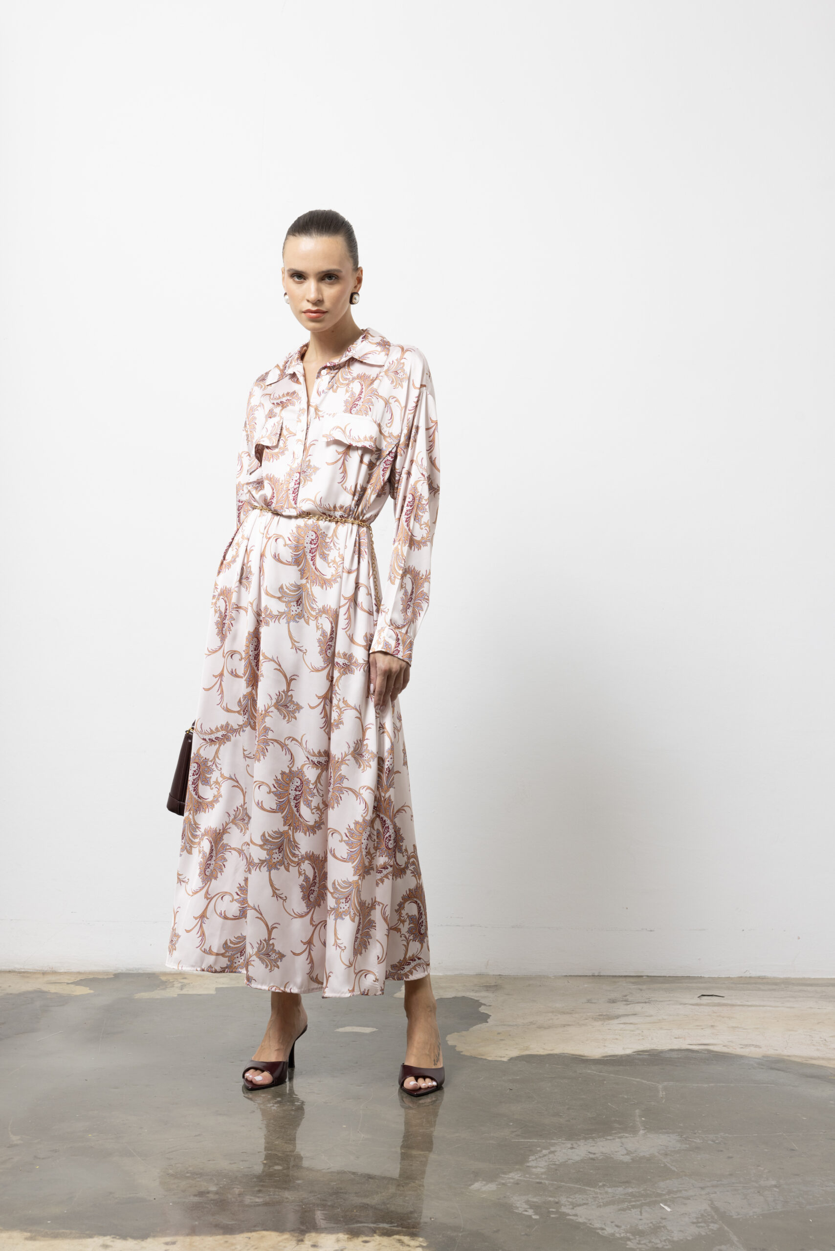 Beige Dress - Elegant Maxi Paisley Shirt For Work & Party - Brand: Cream Rouge - Women & Kids, Baby Clothes Wholesale - TheBS Women Beige Dress - Elegant Maxi Paisley Shirt For Work & Party - Brand: Cream Rouge - Women & Kids, Baby Clothes Wholesale - TheBS Women