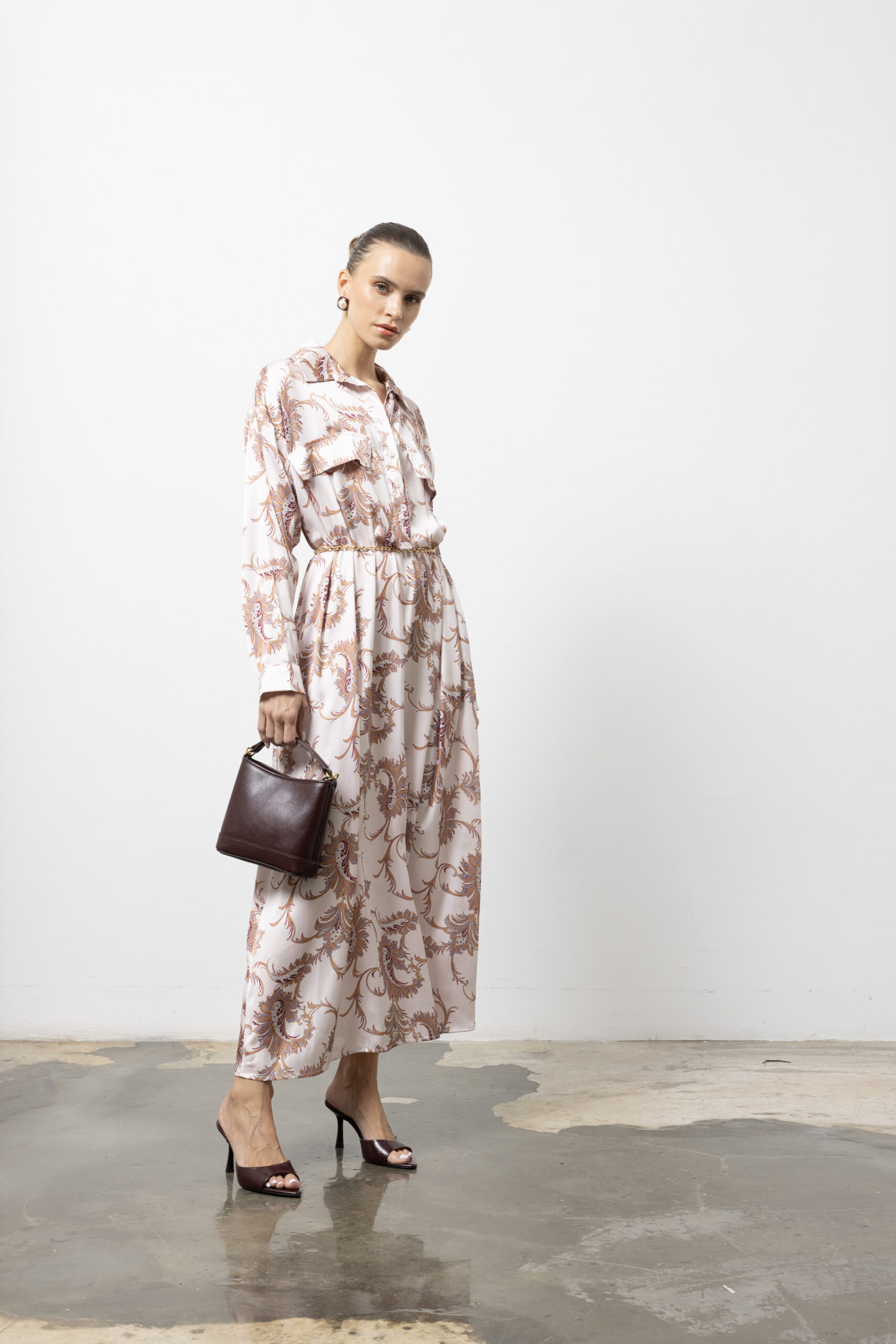 Beige Dress - Elegant Maxi Paisley Shirt For Work & Party - Brand: Cream Rouge - Women & Kids, Baby Clothes Wholesale - TheBS Women Beige Dress - Elegant Maxi Paisley Shirt For Work & Party - Brand: Cream Rouge - Women & Kids, Baby Clothes Wholesale - TheBS Women