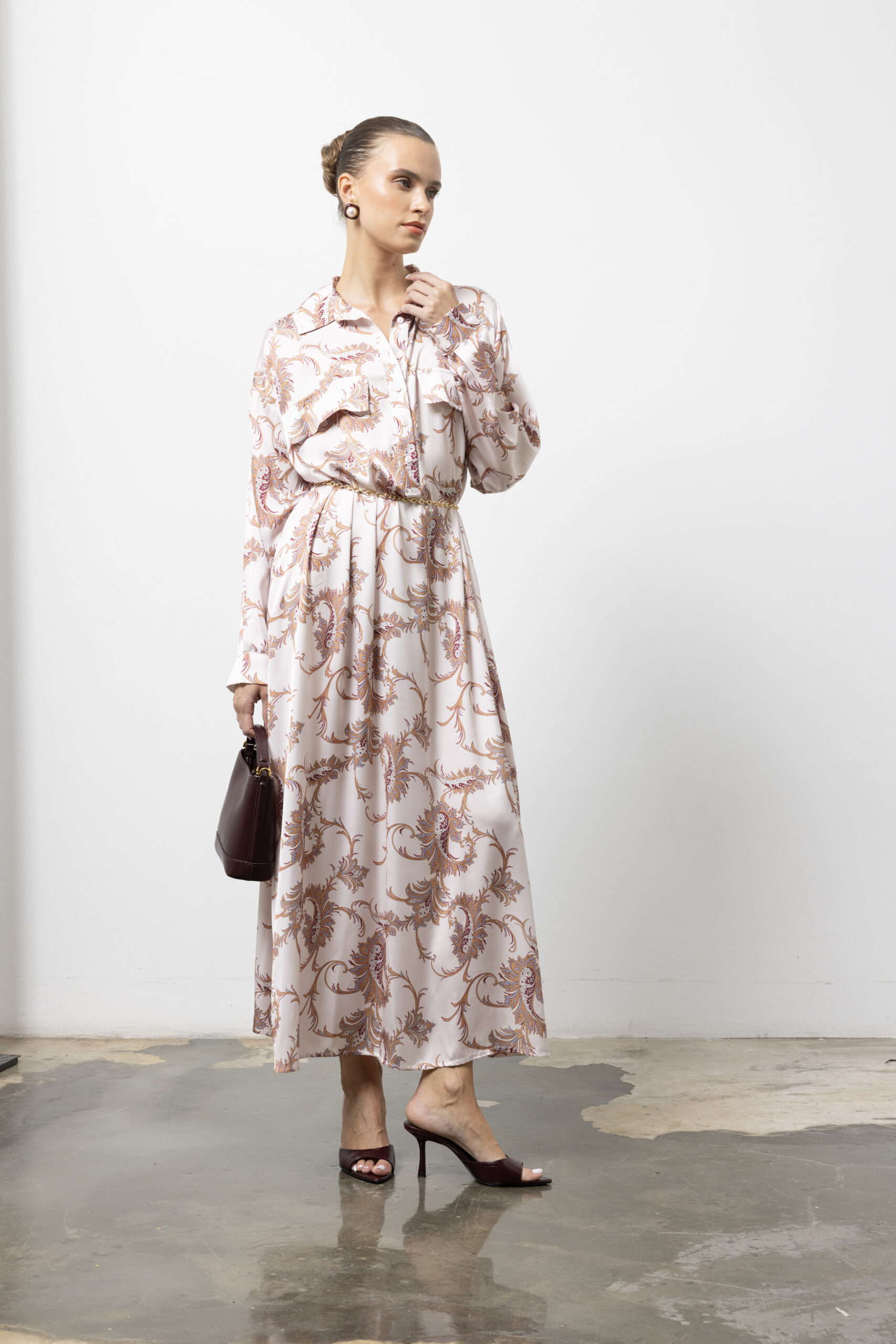 Beige Dress - Elegant Maxi Paisley Shirt For Work & Party - Brand: Cream Rouge - Women & Kids, Baby Clothes Wholesale - TheBS Women Beige Dress - Elegant Maxi Paisley Shirt For Work & Party - Brand: Cream Rouge - Women & Kids, Baby Clothes Wholesale - TheBS Women