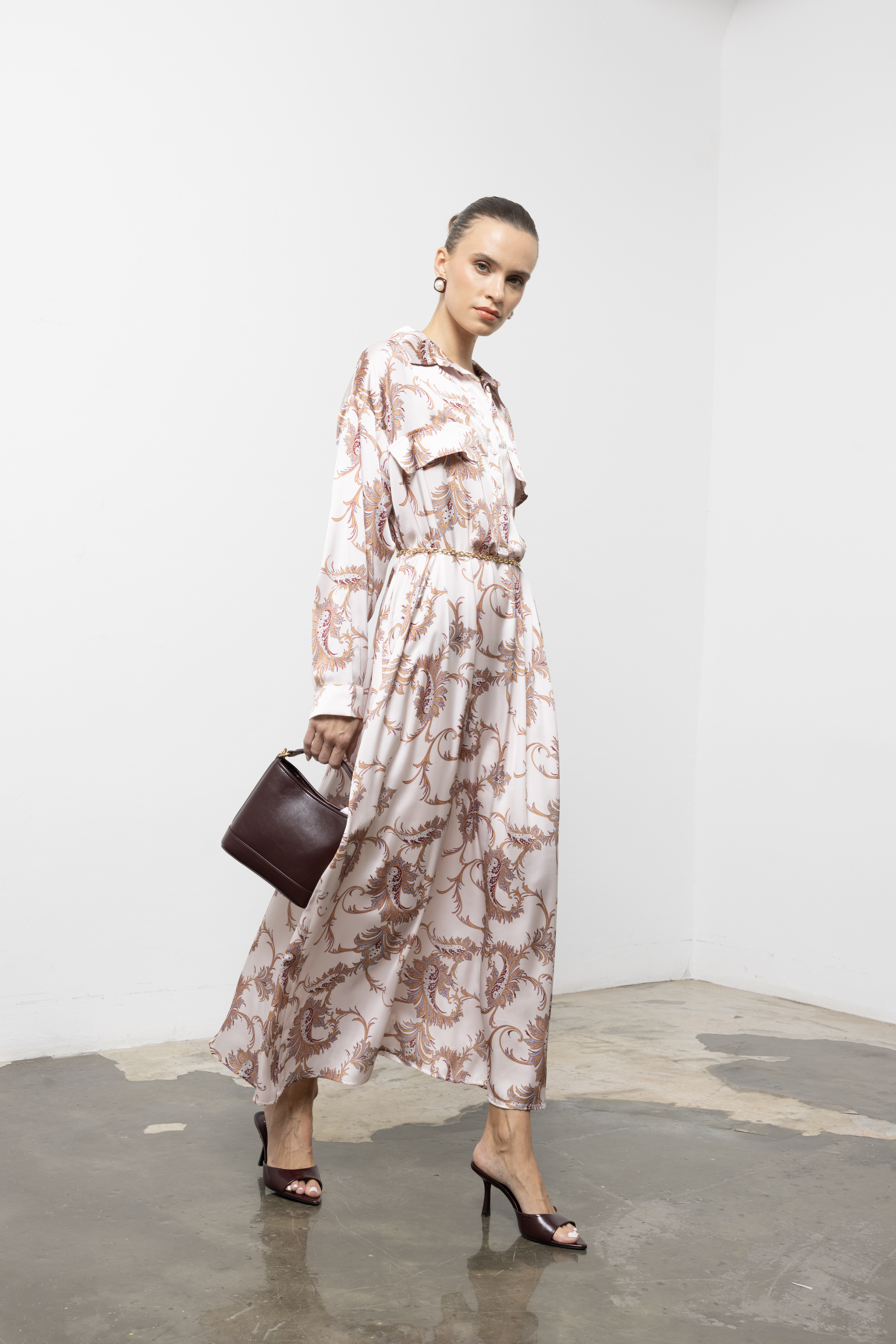 Beige Dress - Elegant Maxi Paisley Shirt For Work & Party - Brand: Cream Rouge - Women & Kids, Baby Clothes Wholesale - TheBS Women Beige Dress - Elegant Maxi Paisley Shirt For Work & Party - Brand: Cream Rouge - Women & Kids, Baby Clothes Wholesale - TheBS Women