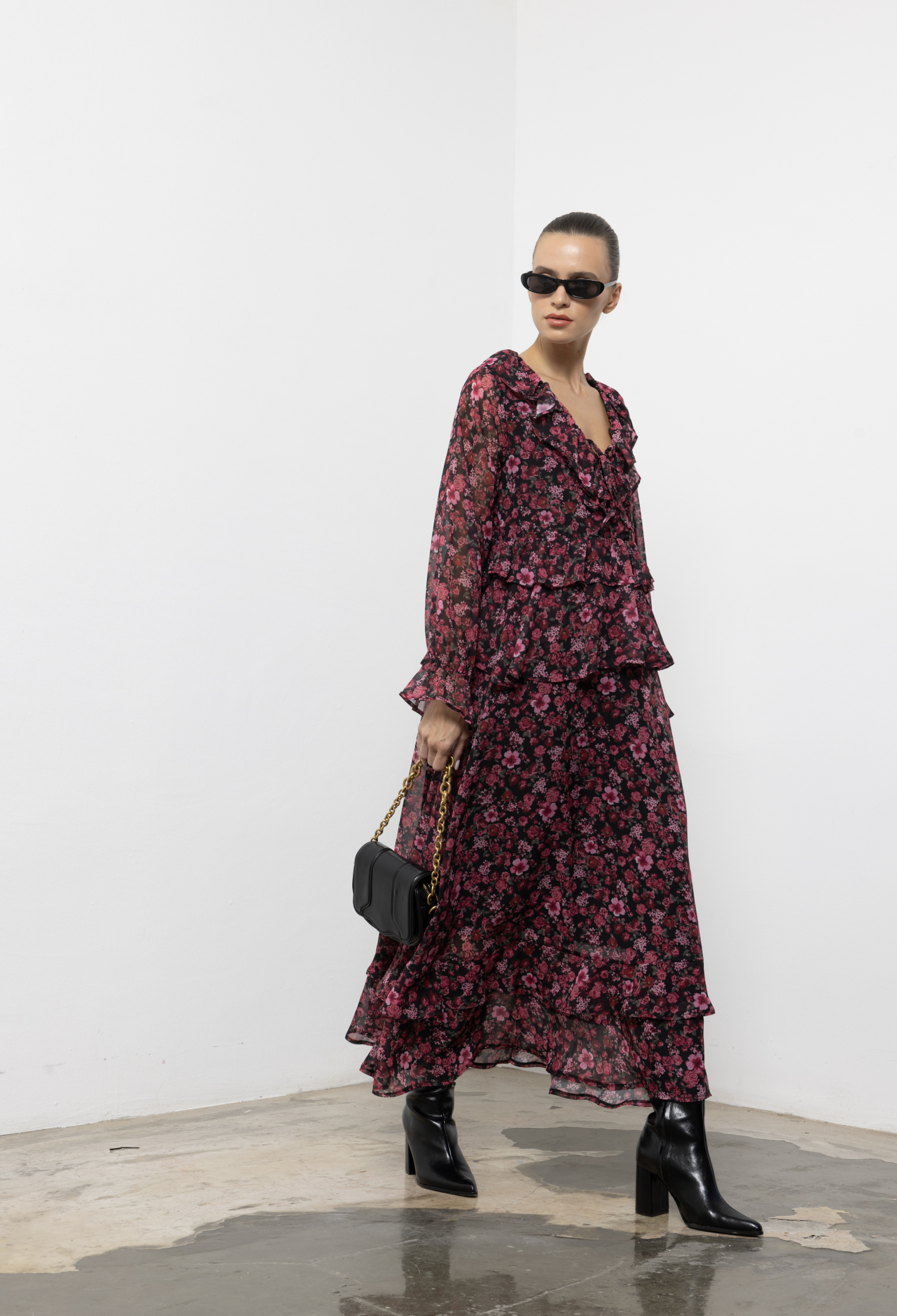 Black Elegant Floral Maxi A-Line Dress V-Neck Long Sleeve - Brand: Cream Rouge - Women & Kids, Baby Clothes Wholesale - TheBS Women