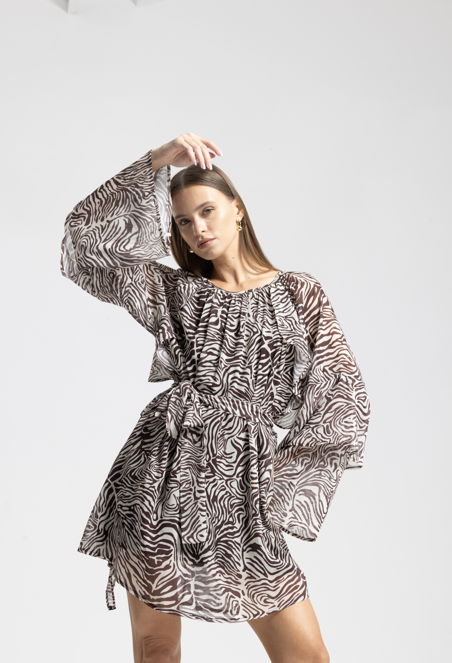 Brown Zebra Print Mini A-Line Dress With Bell Sleeves - Brand: Cream Rouge - Women & Kids, Baby Clothes Wholesale - TheBS Women