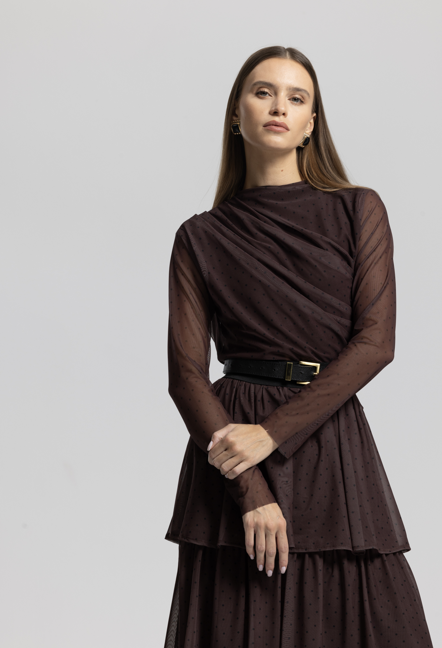 Brown Polka Dot Elegant High Neck Blouse - Brand: Cream Rouge - Women & Kids, Baby Clothes Wholesale - TheBS Women