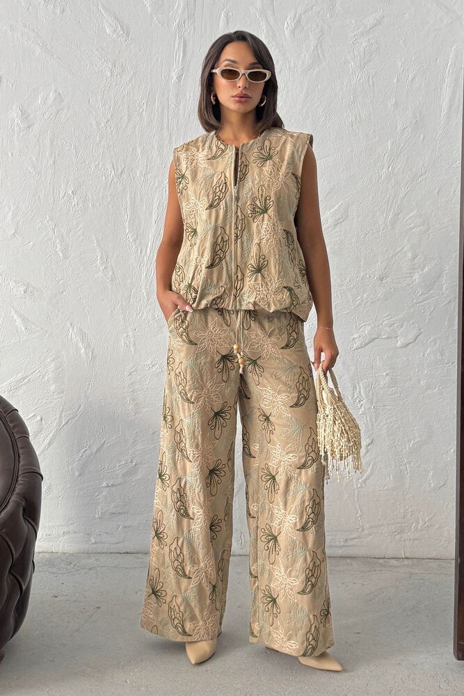 Beige Palazzo Pants With Floral Pattern And Drawstring - Brand: Topshow - Women & Kids, Baby Clothes Wholesale - TheBS Women