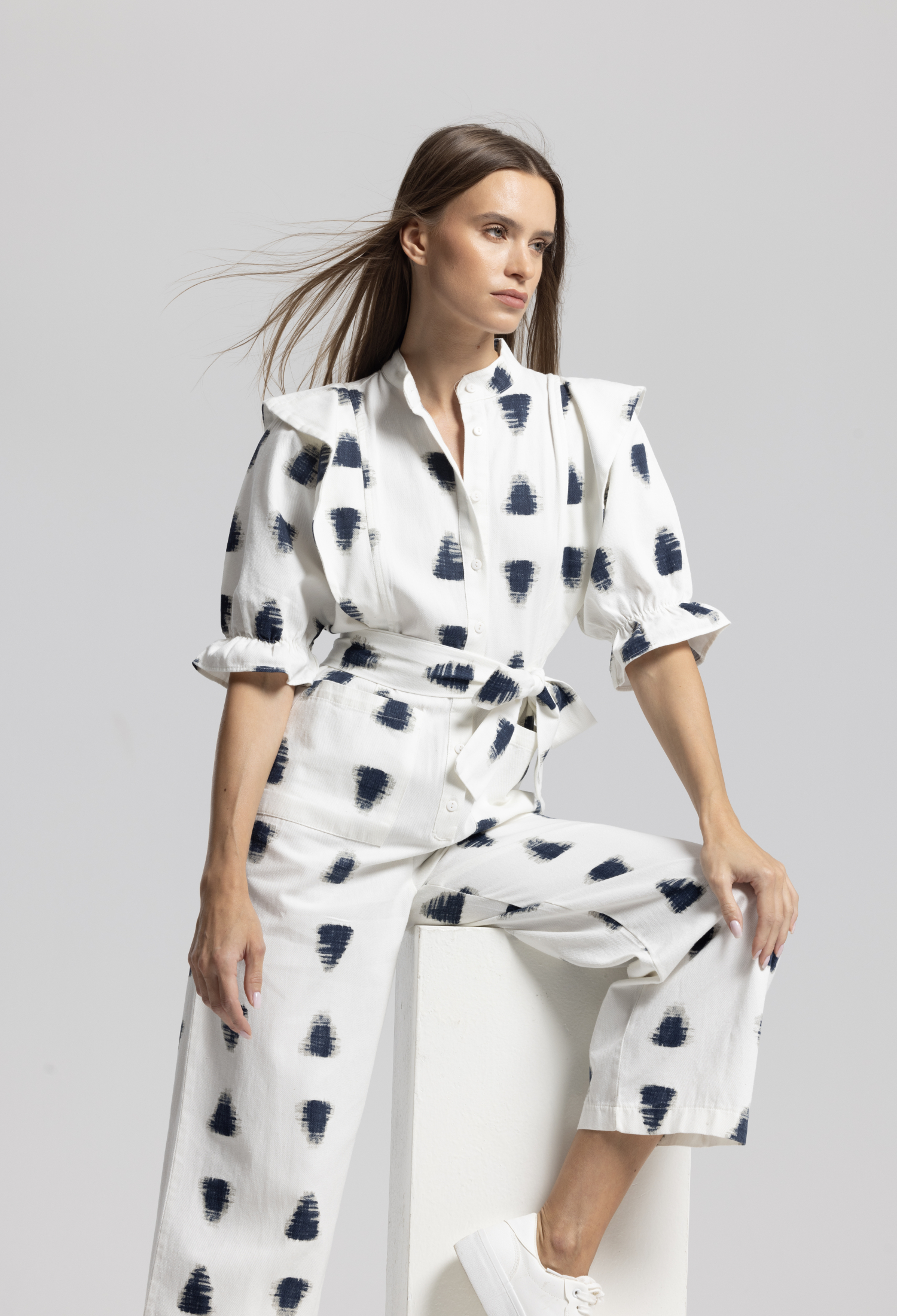 White Jumpsuit With Brush Stroke PrintRegular Fit Shirt Style - Brand: Cream Rouge - Women & Kids, Baby Clothes Wholesale - TheBS Women