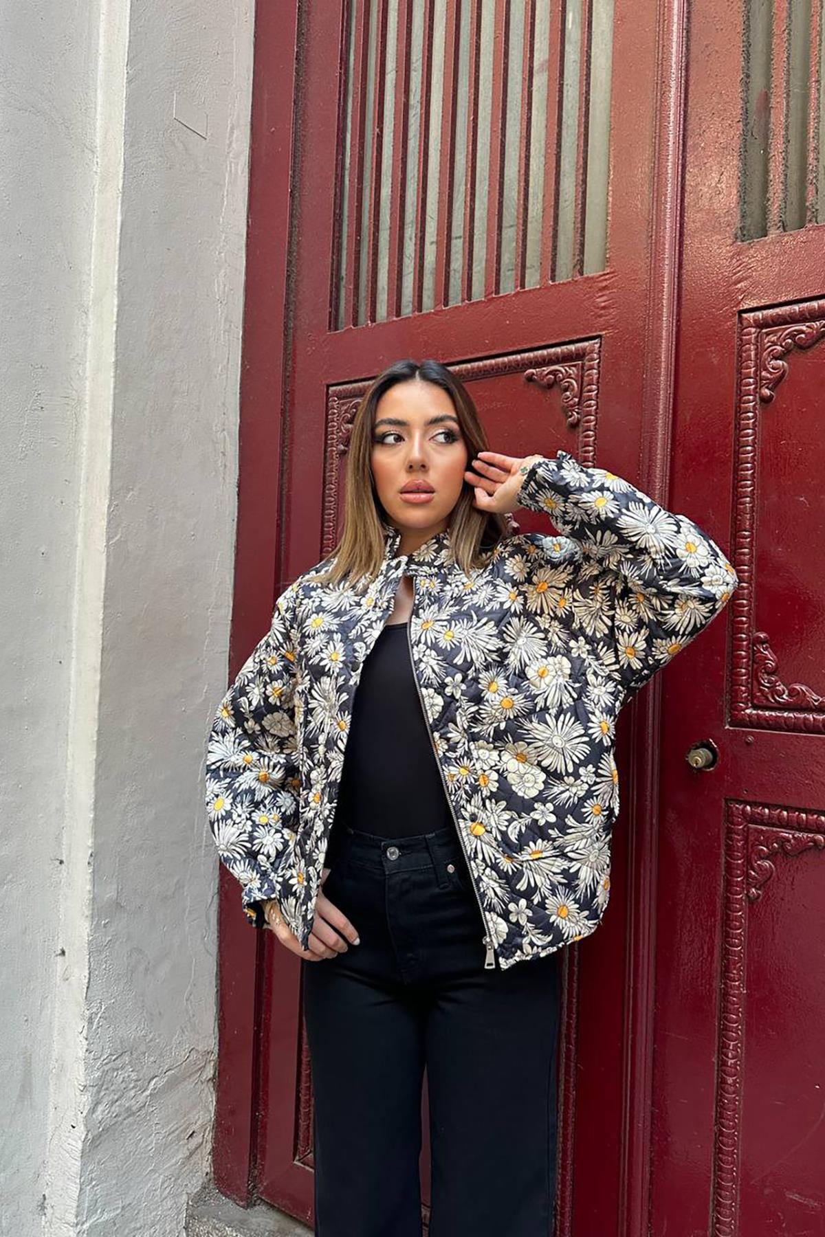 Daisy Pattern Coat - Black & Ecru - Brand: Elisa - Women & Kids, Baby Clothes Wholesale - TheBS Women