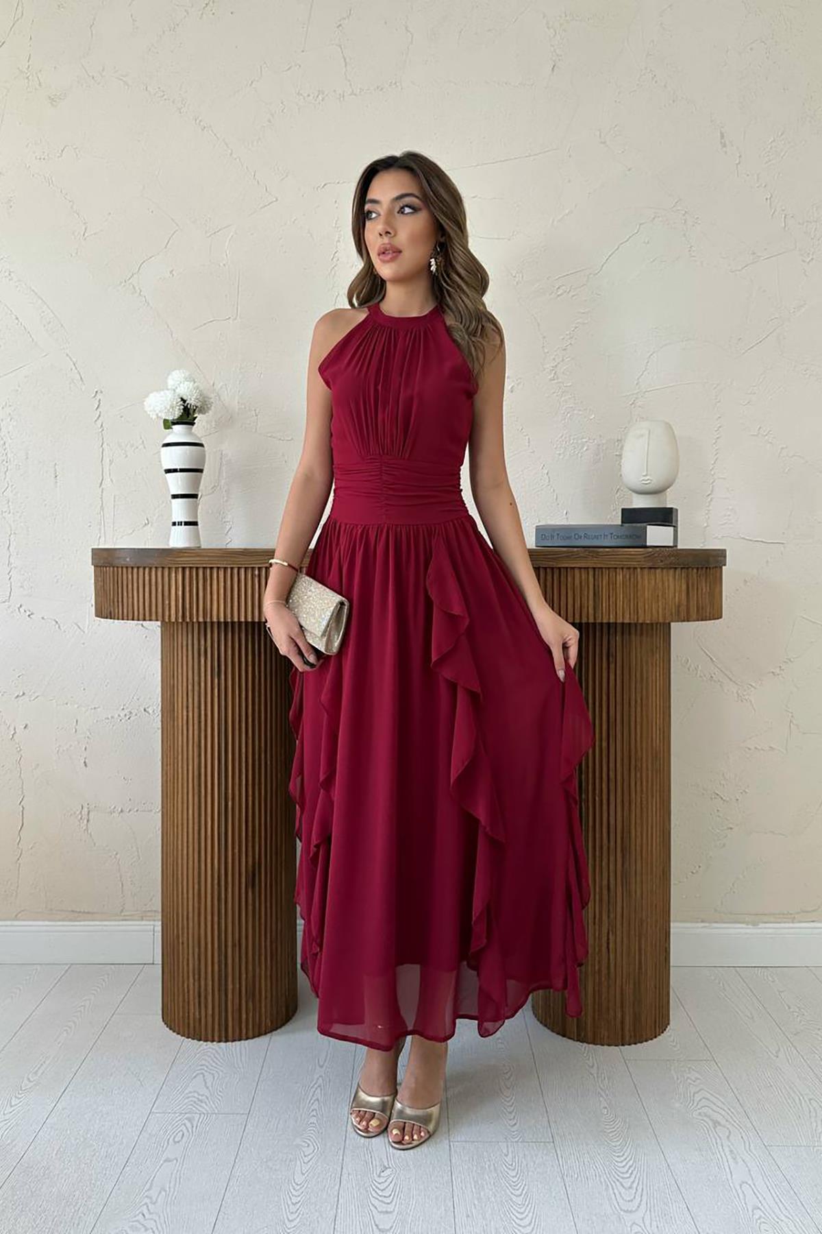 Ruffle Front Dress - Burgundy - Brand: Elisa - Women & Kids, Baby Clothes Wholesale - TheBS Women