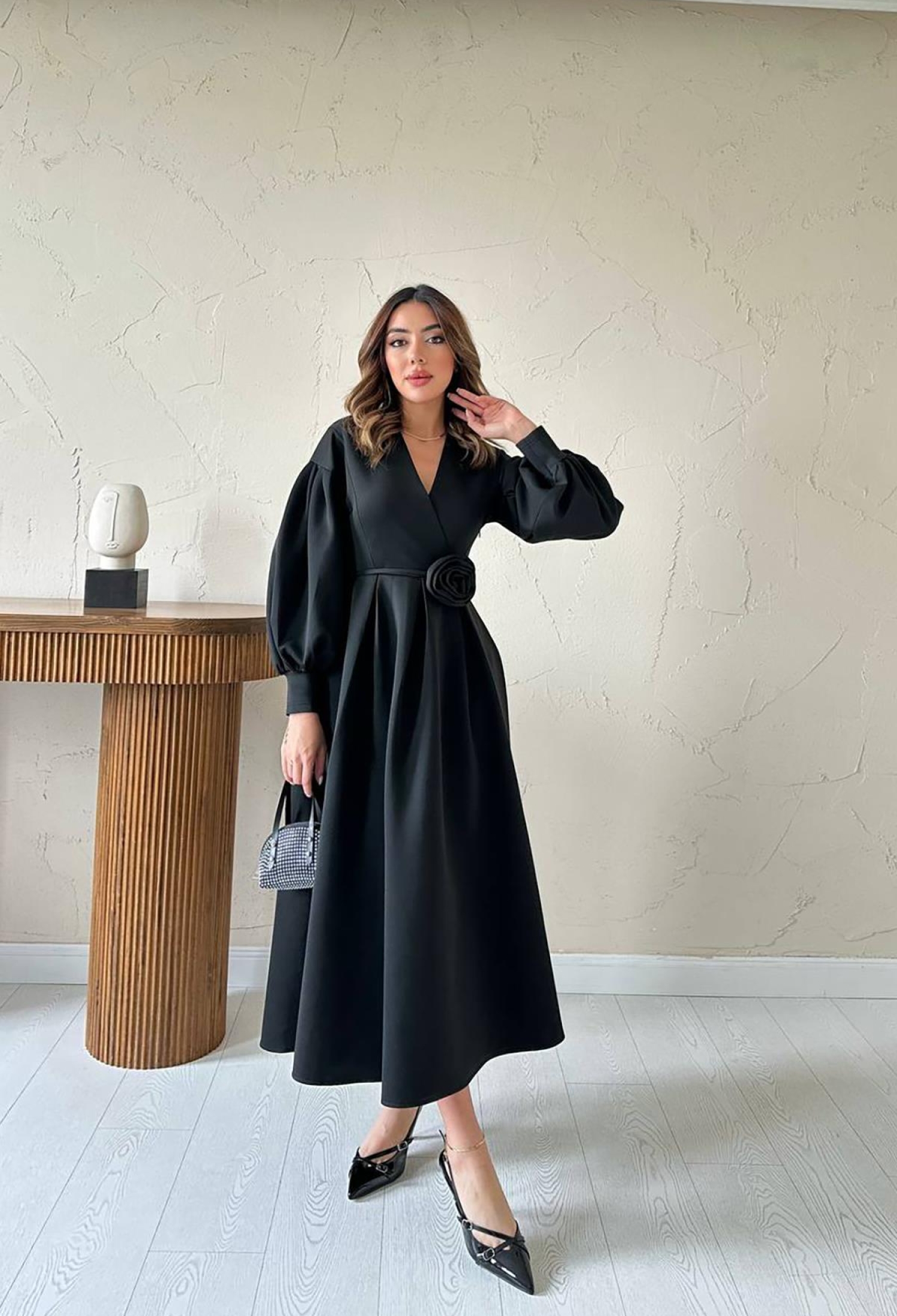 Modest Elegant Formal A-Line Maxi Dress With Long Ballon Sleeves And V-Neck - Brand: Elisa - Women & Kids, Baby Clothes Wholesale - TheBS Women
