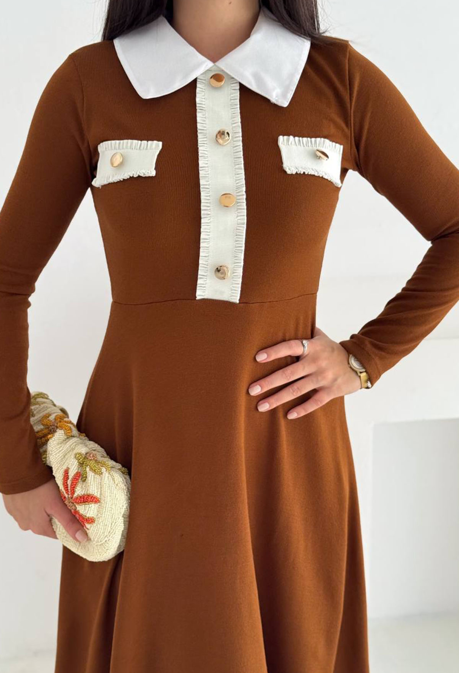 Brown Elegant A-Line Midi Dress - Brand: Mode Roy - Women & Kids, Baby Clothes Wholesale - TheBS Women