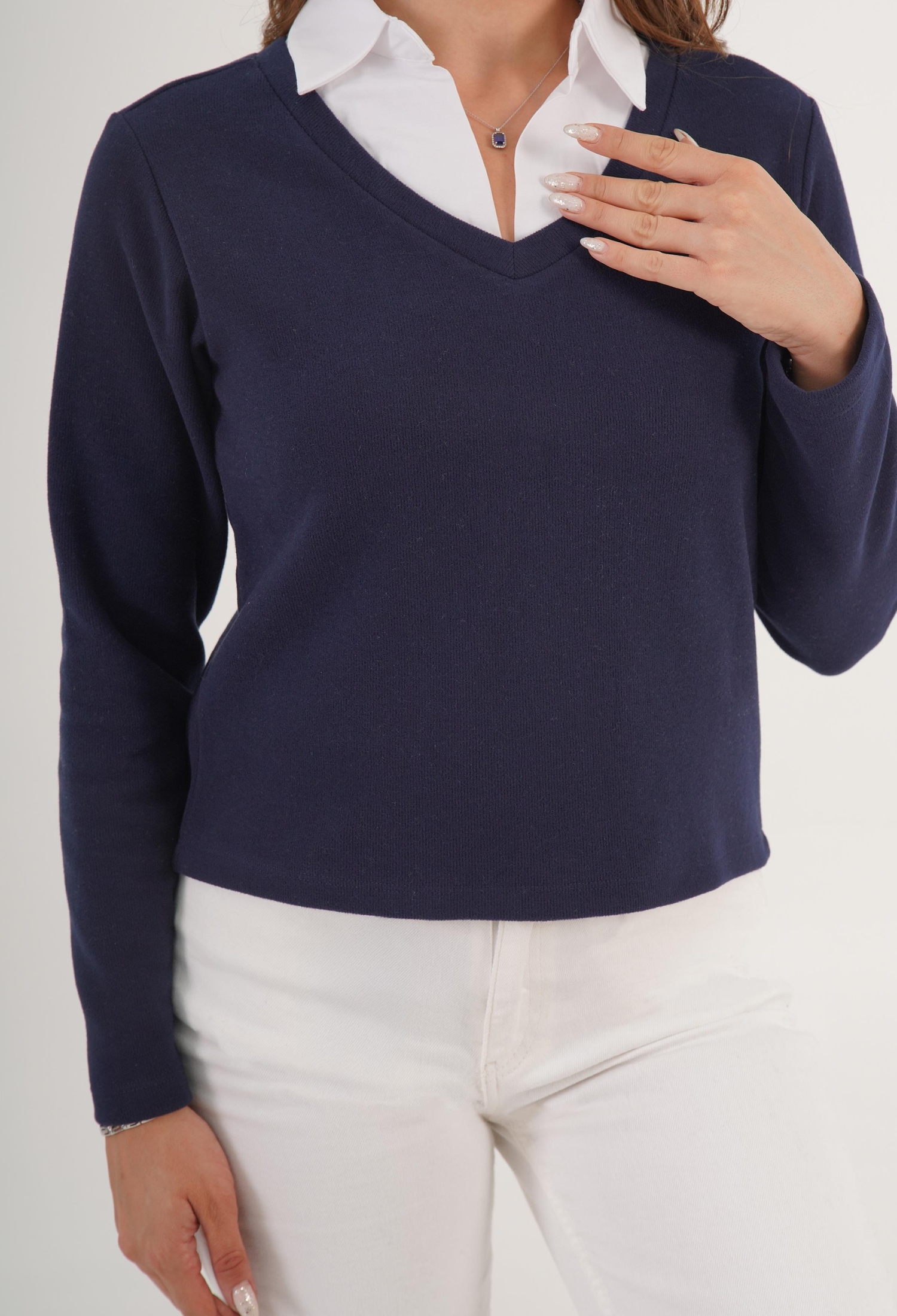 Preppy V-Neck Blouse With Long Sleeves - Brand: Lustrin - Women & Kids, Baby Clothes Wholesale - TheBS Women