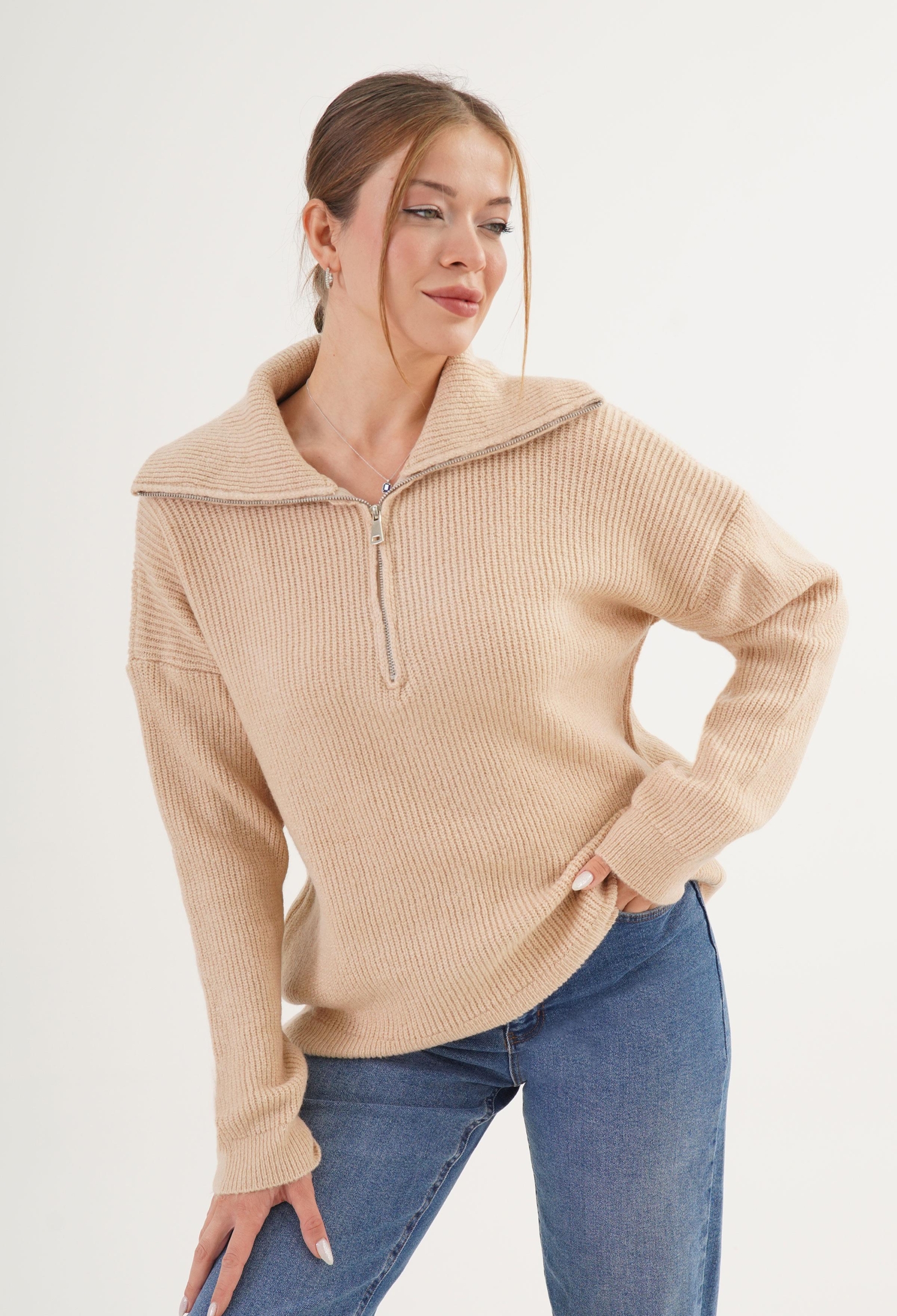 Beige Polo Neck Oversized Sweater - Brand: Lustrin - Women & Kids, Baby Clothes Wholesale - TheBS Women