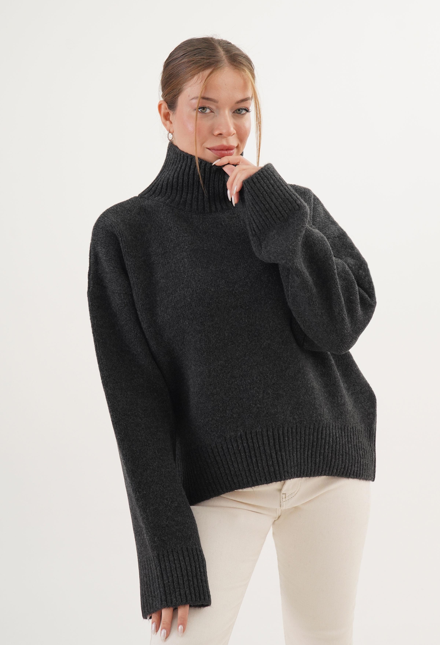 Grey Oversized Fit Sweater With Turtle Neck - Brand: Lustrin - Women & Kids, Baby Clothes Wholesale - TheBS Women